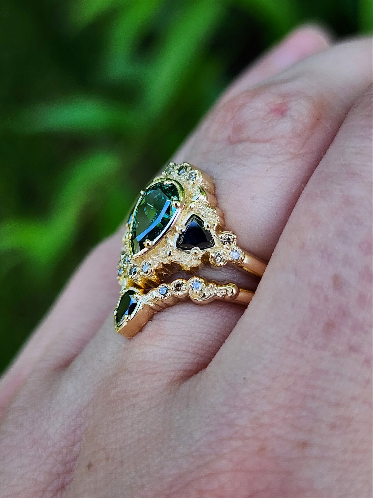 1.15ct Lab Green Diamond Pear Ophelia Wedding Ring Set 14k Yellow Gold image 9