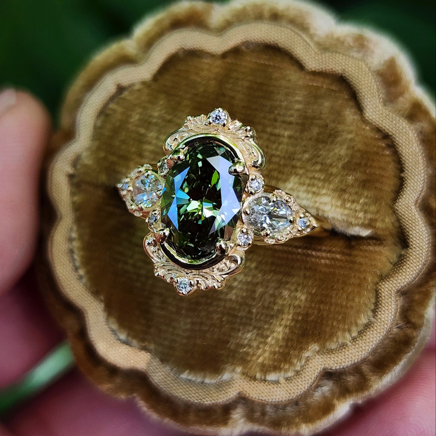 2.08ct Lab Green Diamond Oval Josephine Filigree Engagement Ring 14k Yellow Gold image 4