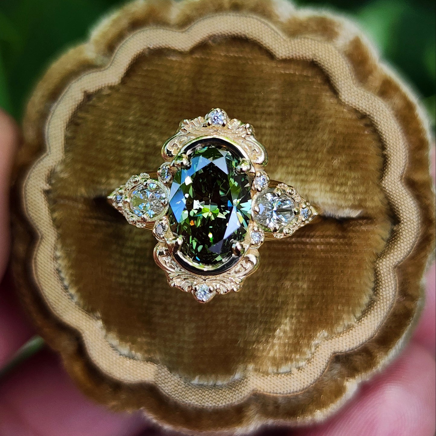 2.08ct Lab Green Diamond Oval Josephine Filigree Engagement Ring 14k Yellow Gold image 3