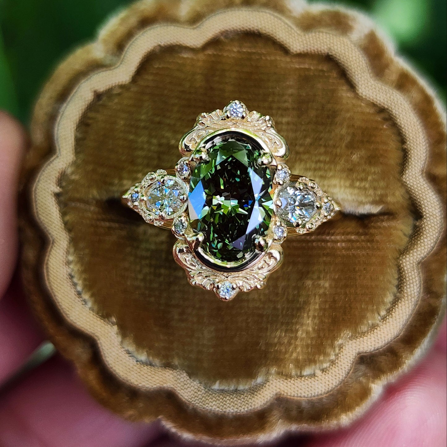 2.08ct Lab Green Diamond Oval Josephine Filigree Engagement Ring 14k Yellow Gold image 1