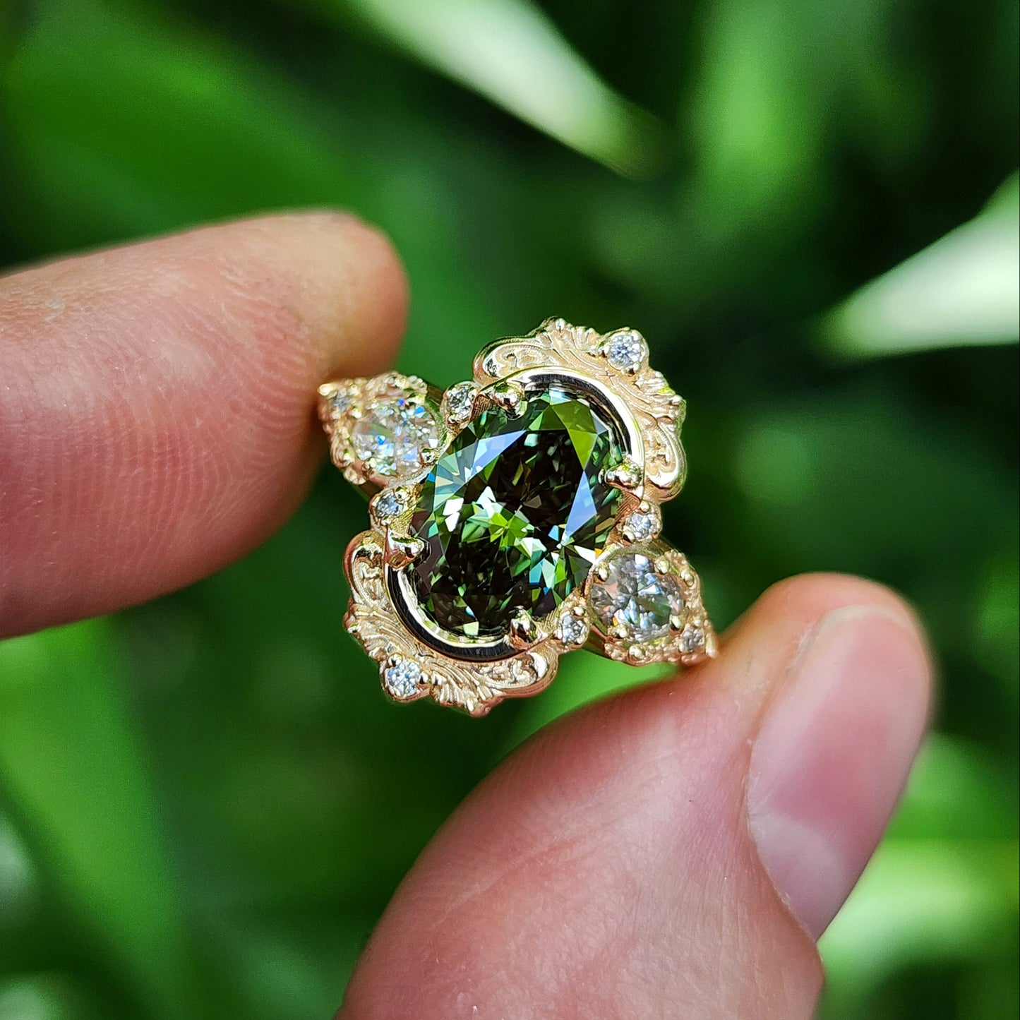2.08ct Lab Green Diamond Oval Josephine Filigree Engagement Ring 14k Yellow Gold image 2