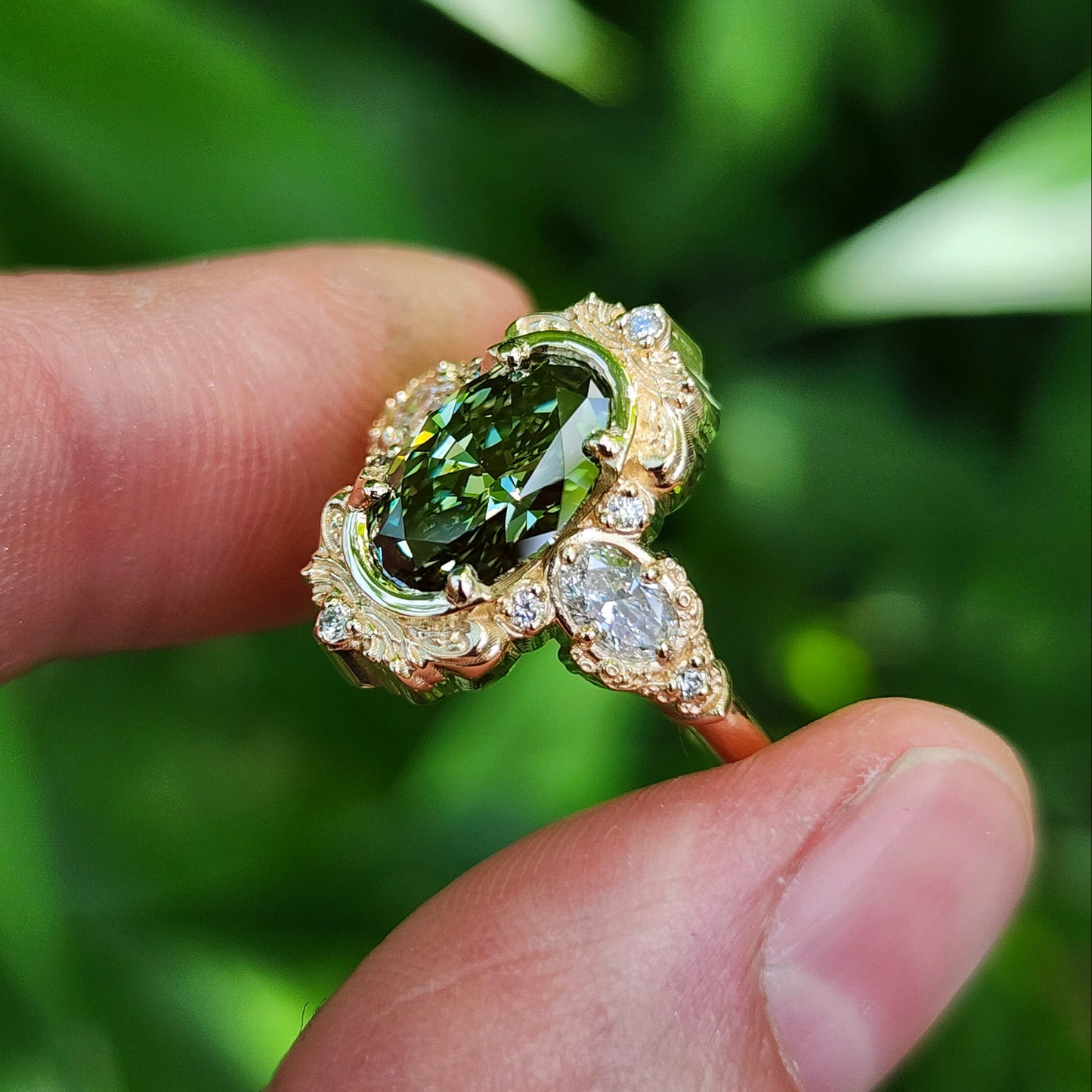 2.08ct Lab Green Diamond Oval Josephine Filigree Engagement Ring 14k Yellow Gold image 7