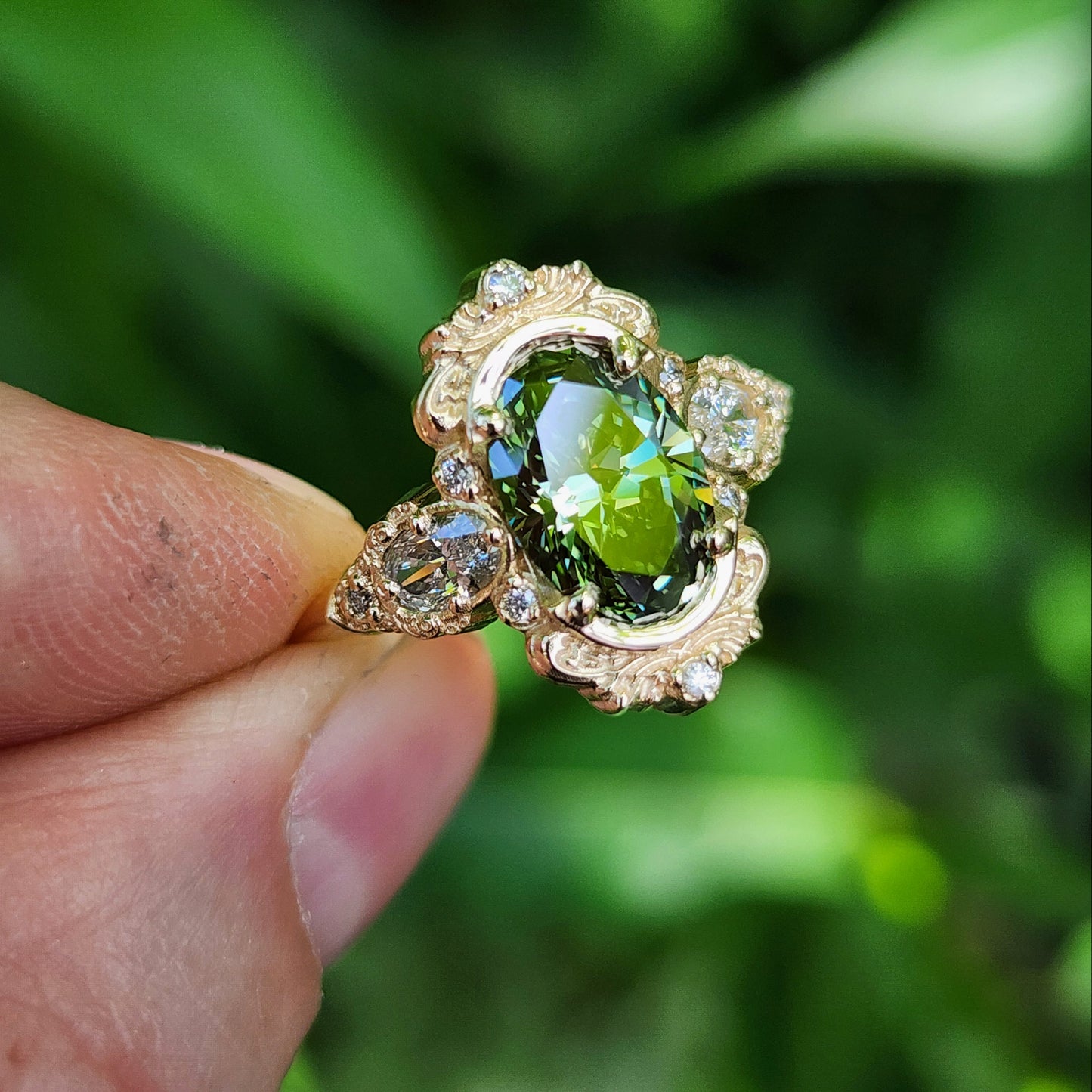 2.08ct Lab Green Diamond Oval Josephine Filigree Engagement Ring 14k Yellow Gold image 8