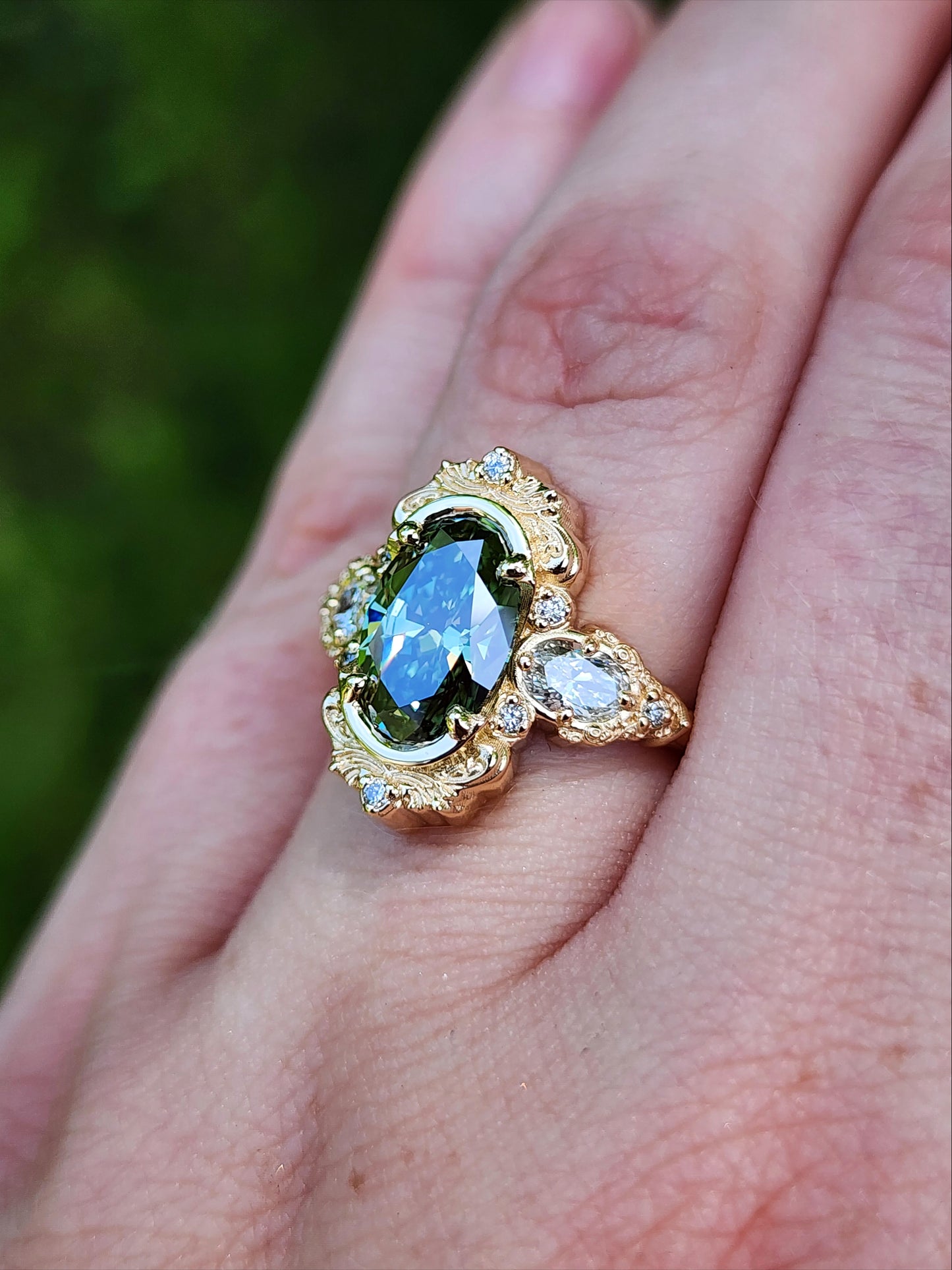 2.08ct Lab Green Diamond Oval Josephine Filigree Engagement Ring 14k Yellow Gold image 11
