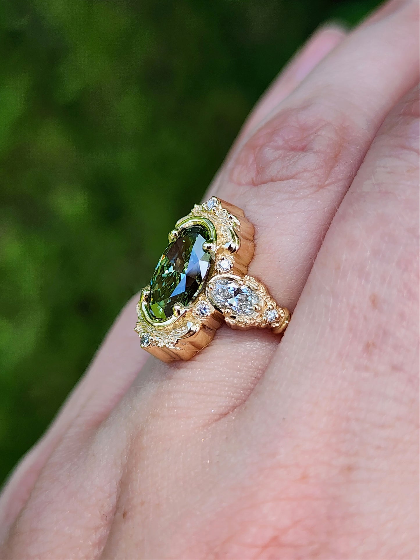 2.08ct Lab Green Diamond Oval Josephine Filigree Engagement Ring 14k Yellow Gold image 12