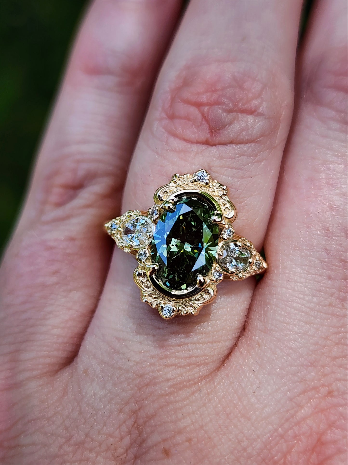 2.08ct Lab Green Diamond Oval Josephine Filigree Engagement Ring 14k Yellow Gold image 10