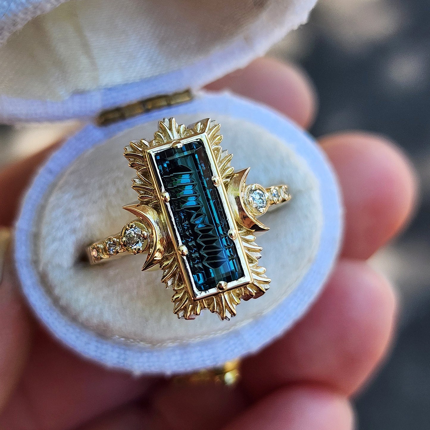 Fantasy Cut Baguette Indicolite Tourmaline Moon Fire Ring 14k Yellow Gold image 1