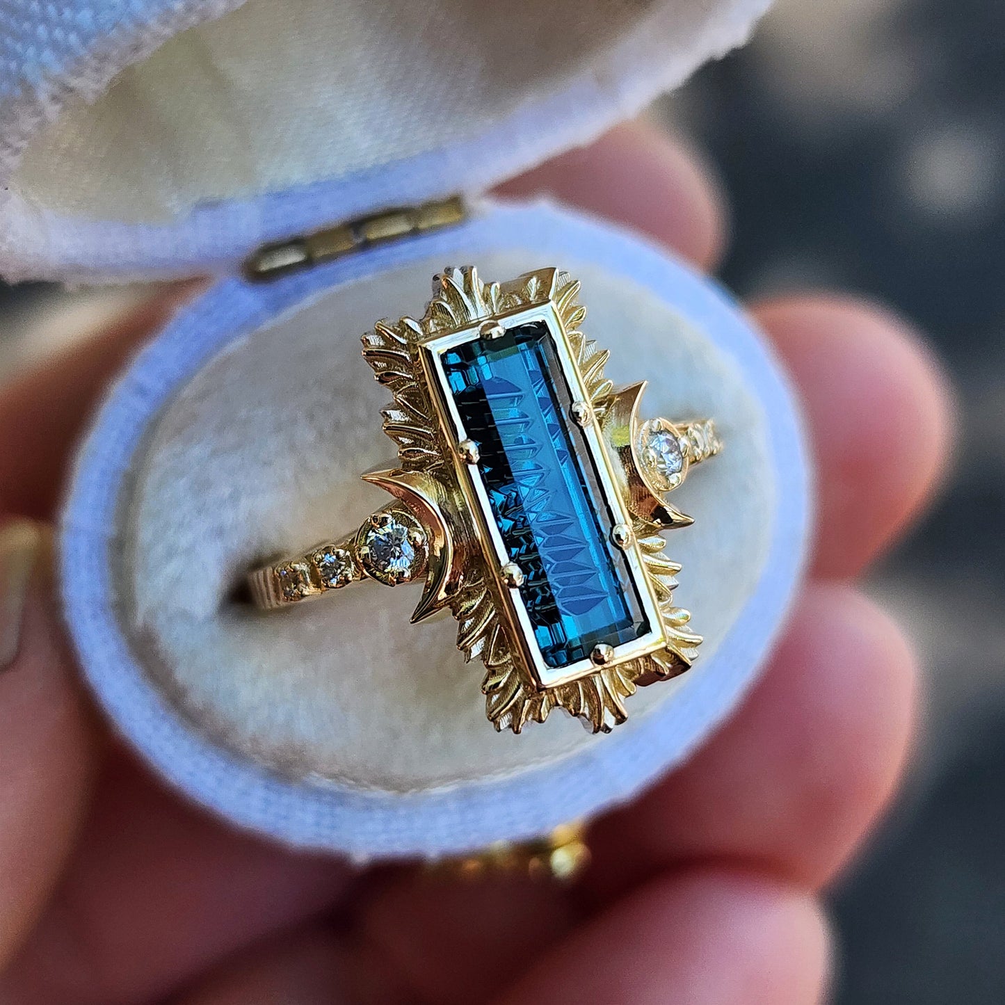 Fantasy Cut Baguette Indicolite Tourmaline Moon Fire Ring 14k Yellow Gold image 2