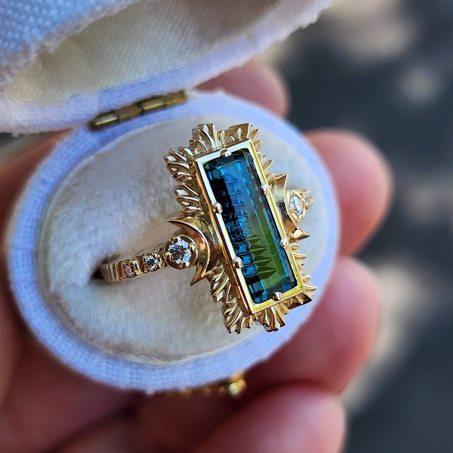 Fantasy Cut Baguette Indicolite Tourmaline Moon Fire Ring 14k Yellow Gold image 3