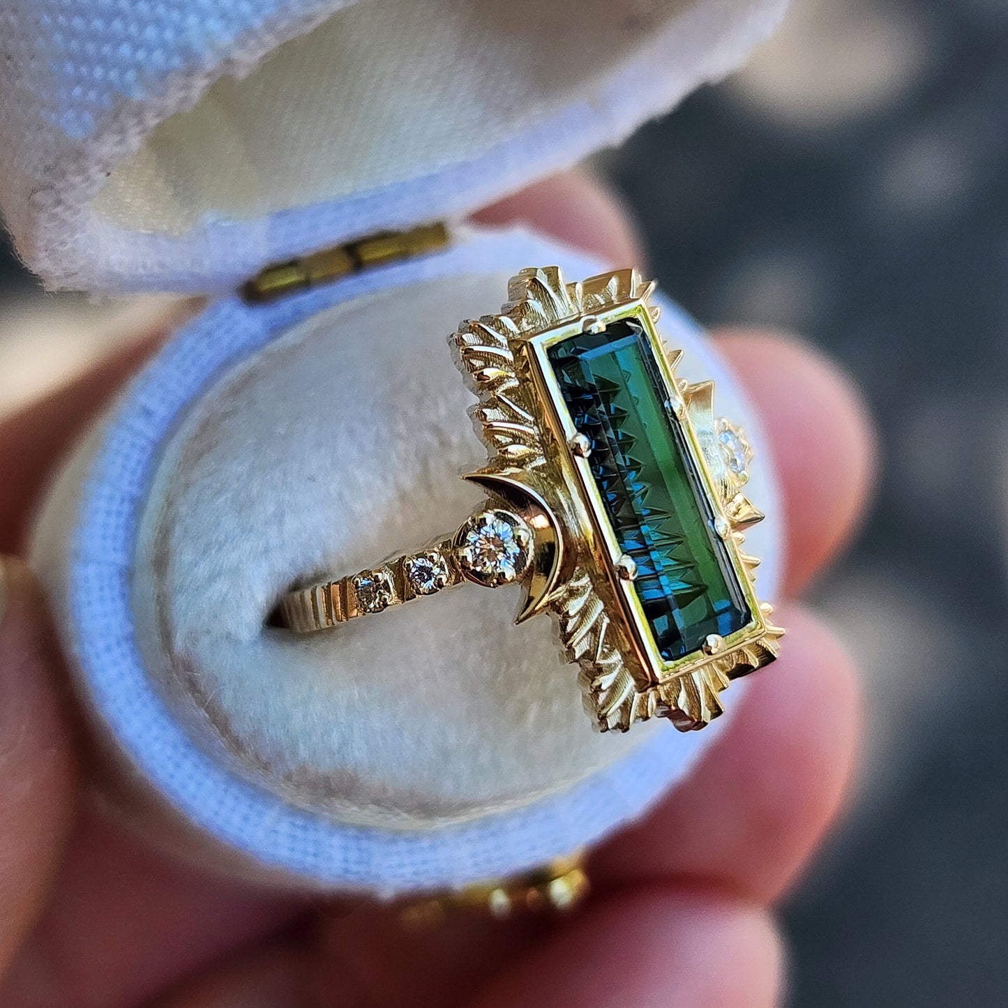 Fantasy Cut Baguette Indicolite Tourmaline Moon Fire Ring 14k Yellow Gold image 4