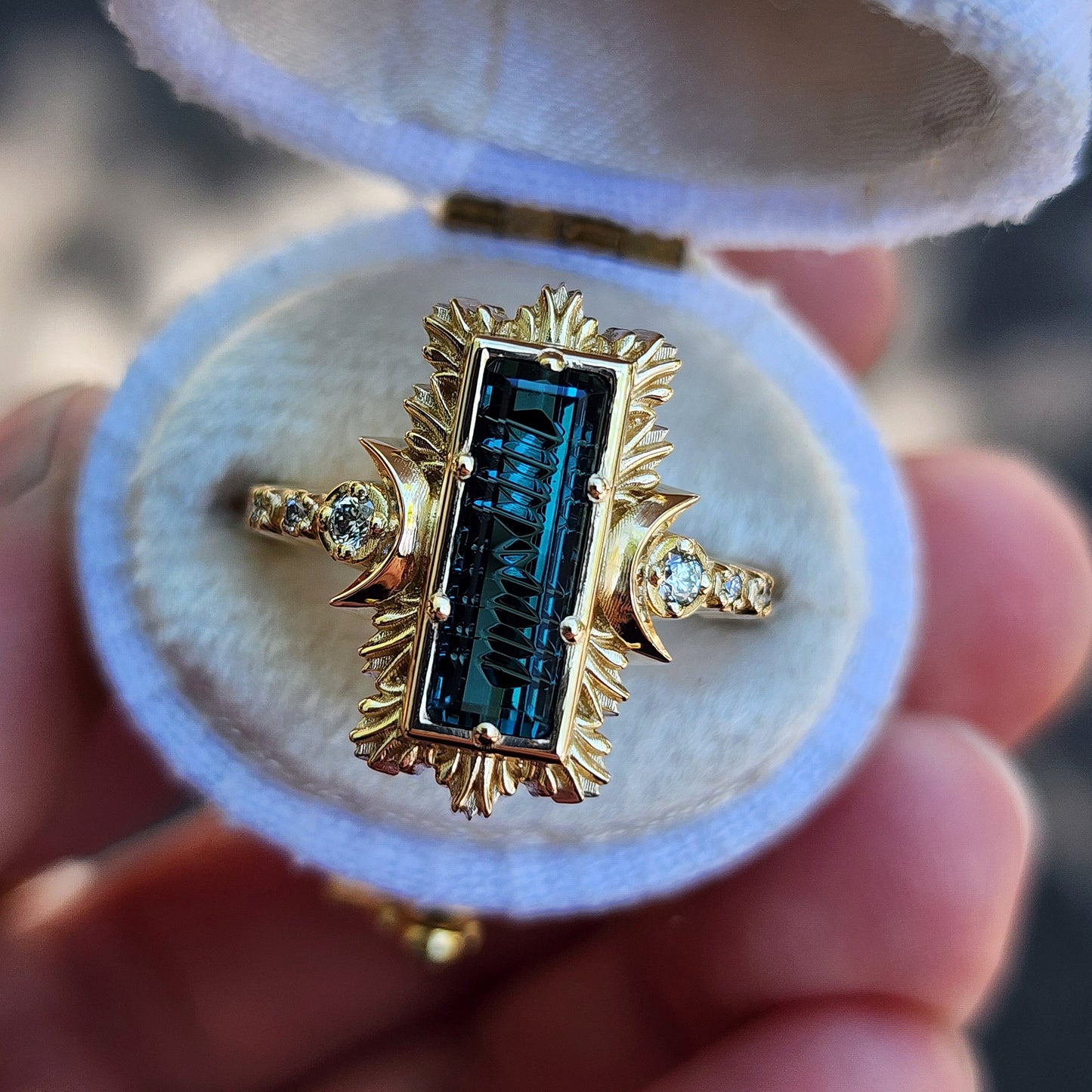 Fantasy Cut Baguette Indicolite Tourmaline Moon Fire Ring 14k Yellow Gold image 5