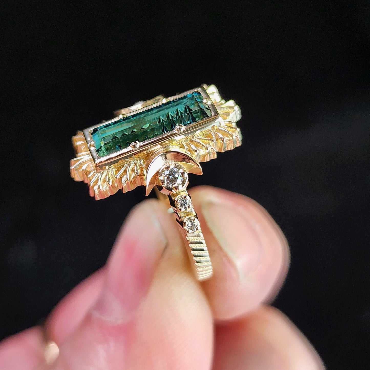 Fantasy Cut Baguette Indicolite Tourmaline Moon Fire Ring 14k Yellow Gold image 7