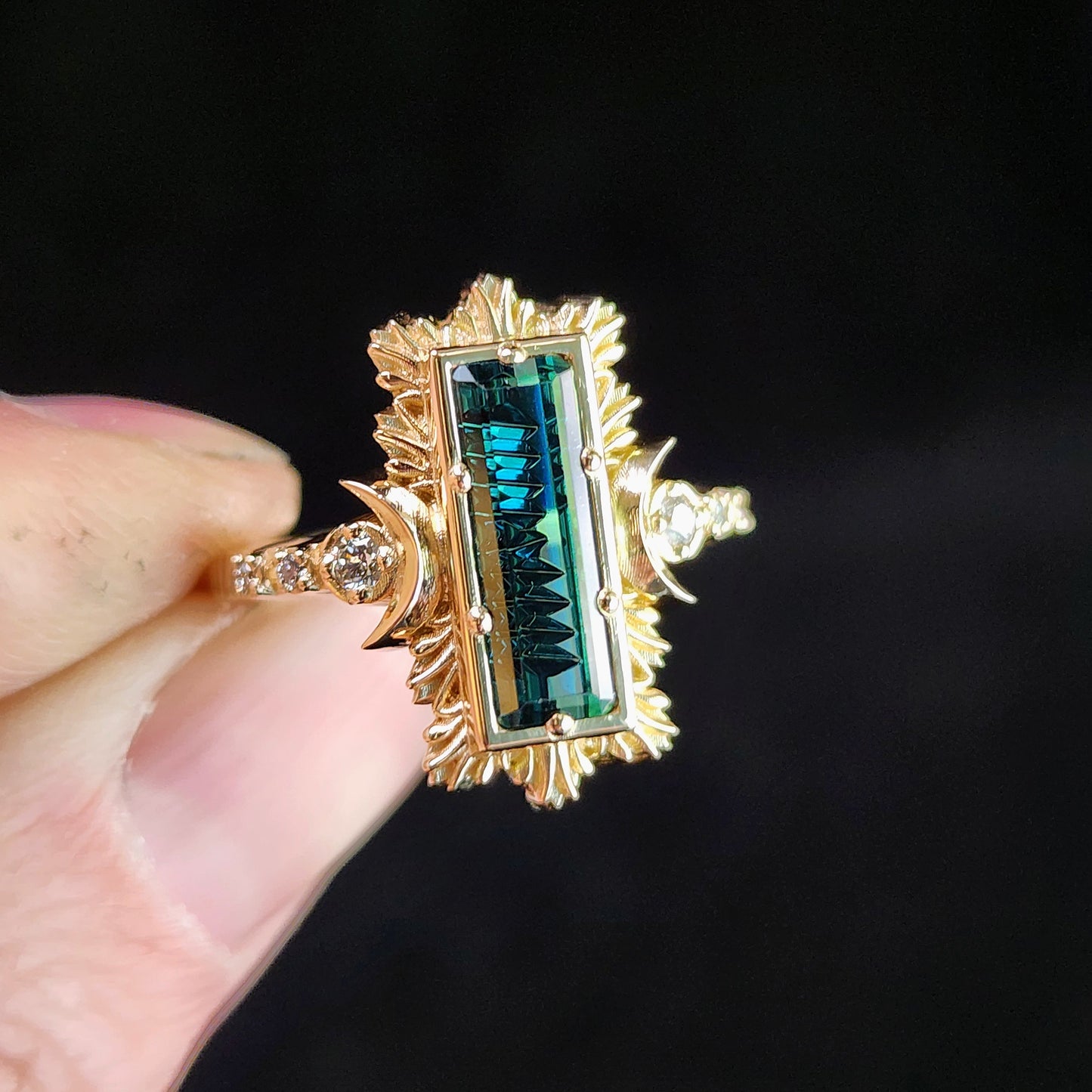 Fantasy Cut Baguette Indicolite Tourmaline Moon Fire Ring 14k Yellow Gold image 8