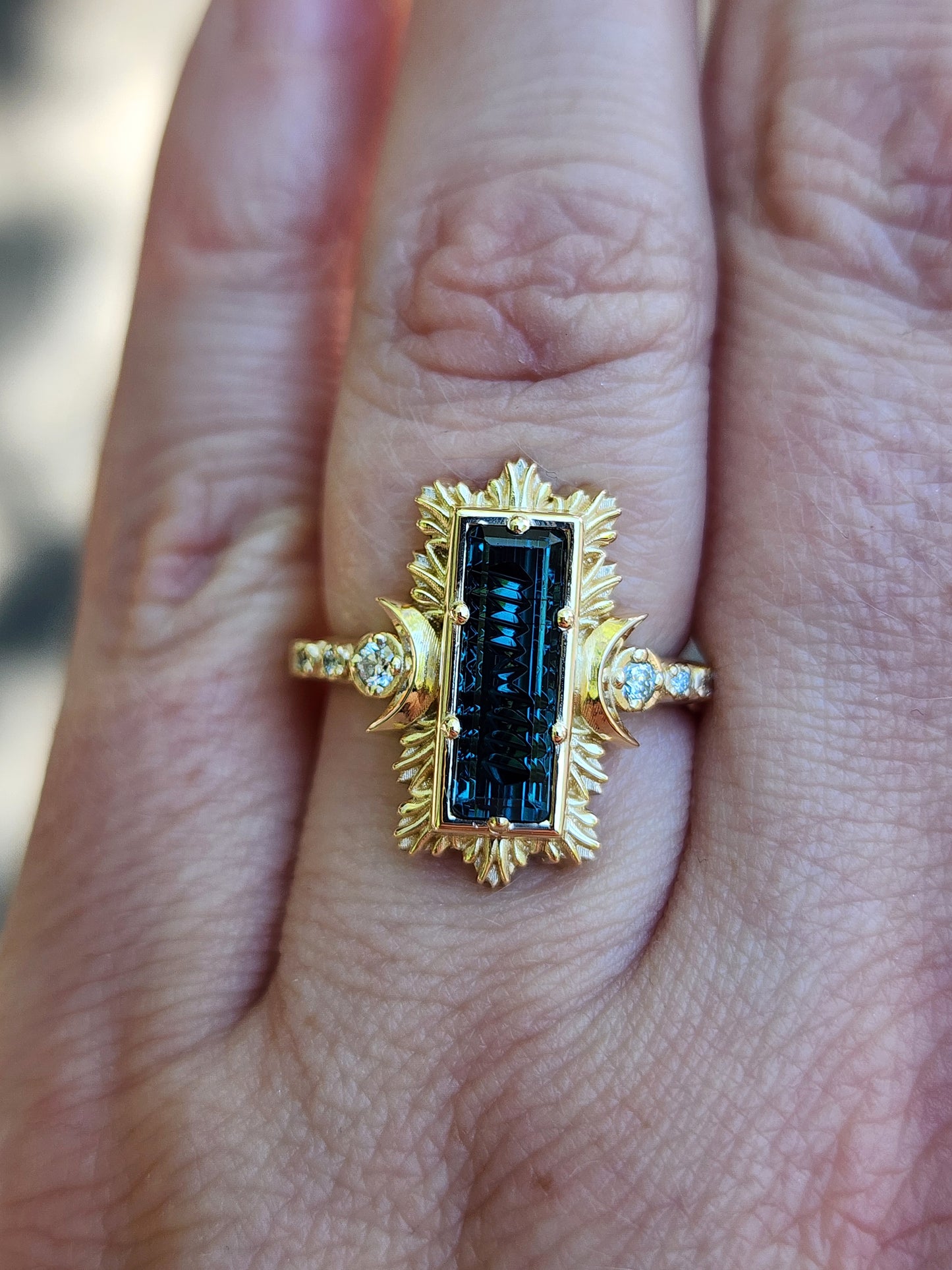 Fantasy Cut Baguette Indicolite Tourmaline Moon Fire Ring 14k Yellow Gold image 9