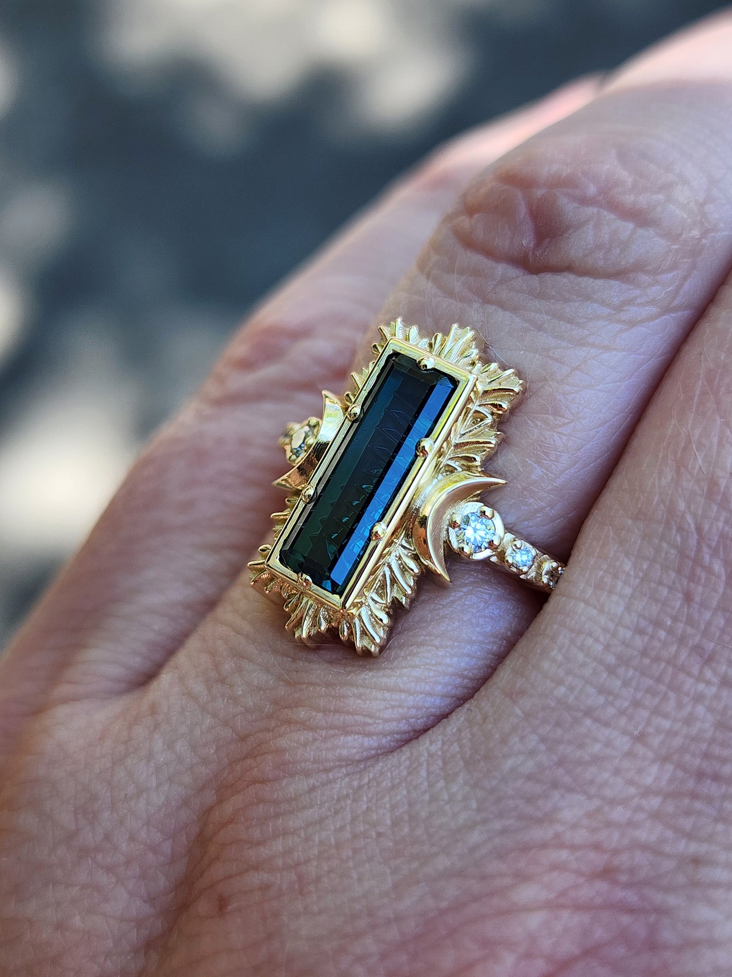 Fantasy Cut Baguette Indicolite Tourmaline Moon Fire Ring 14k Yellow Gold image 10