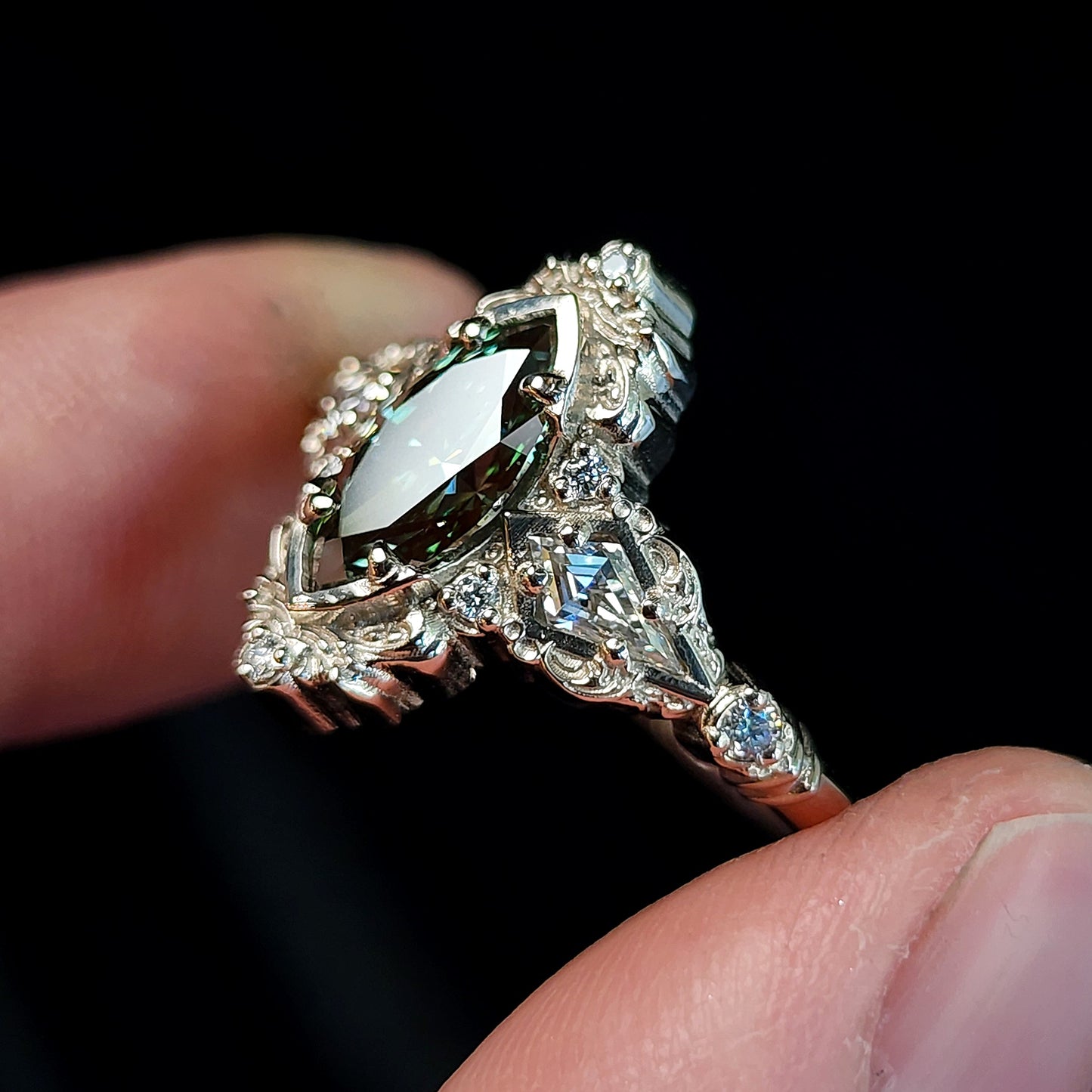 green diamond marquise filigree Odessa engagement ring image 3