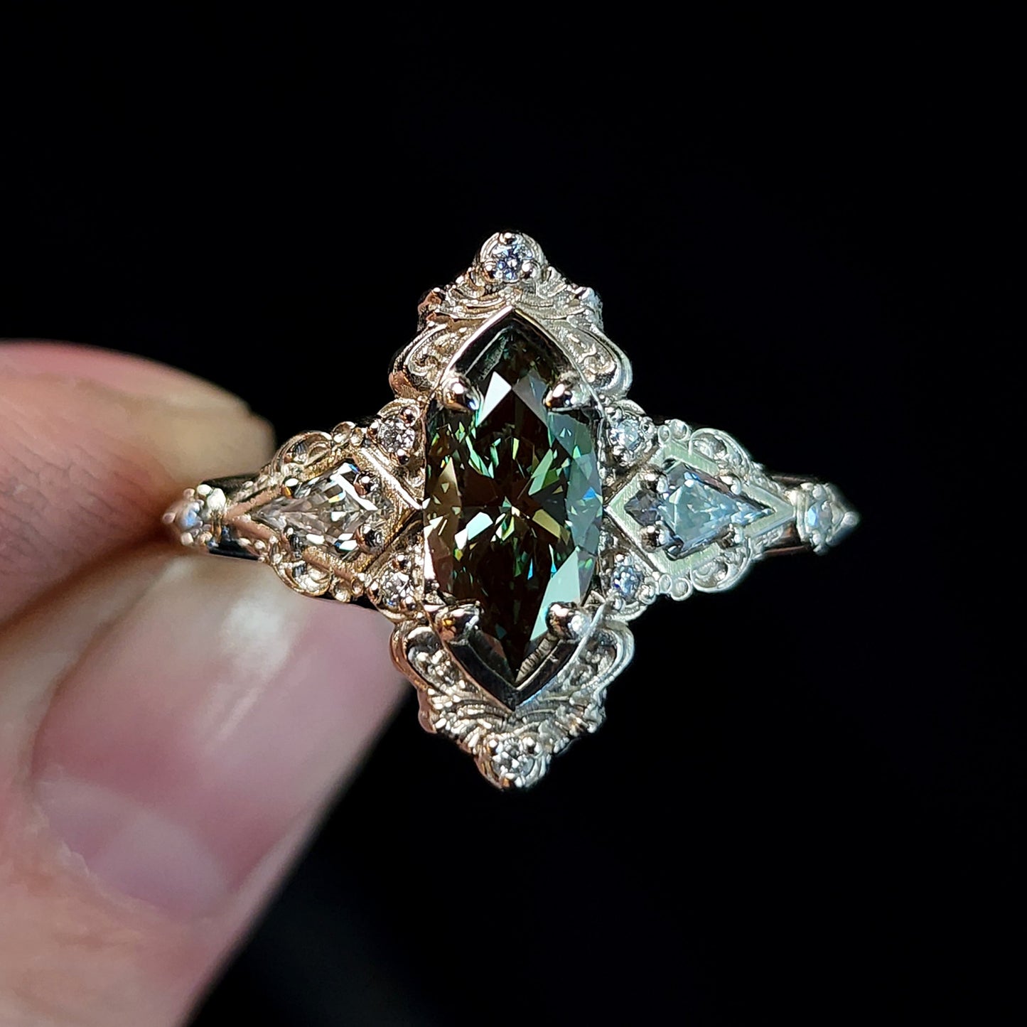 green diamond marquise filigree Odessa engagement ring image 1