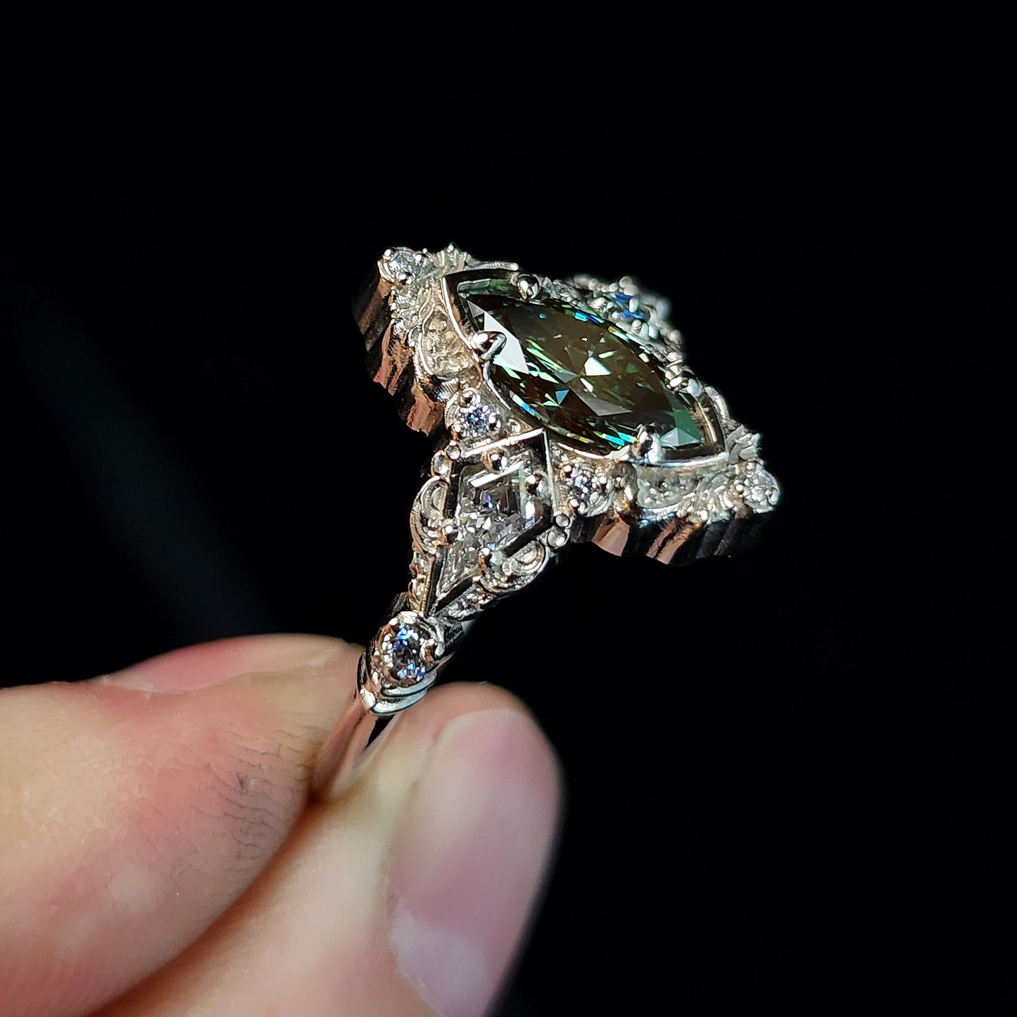 green diamond marquise filigree Odessa engagement ring image 2