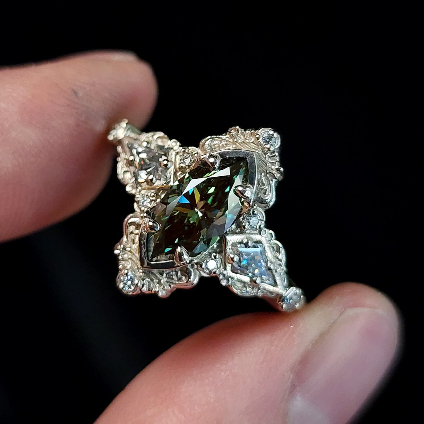 green diamond marquise filigree Odessa engagement ring image 4
