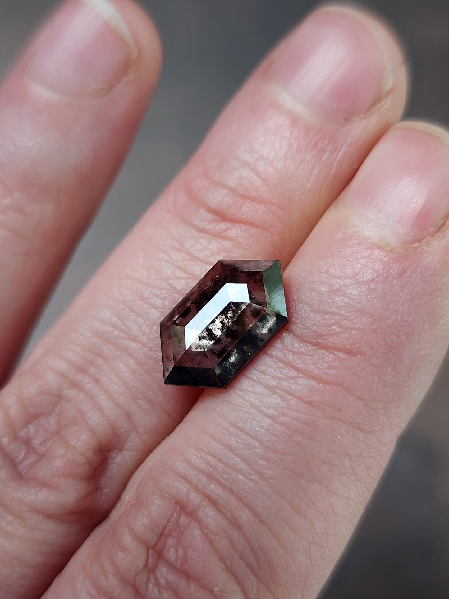 3.88ct Salt and Pepper Lab Diamond Rose Cut Elongated Hexagon or Duchess Cut