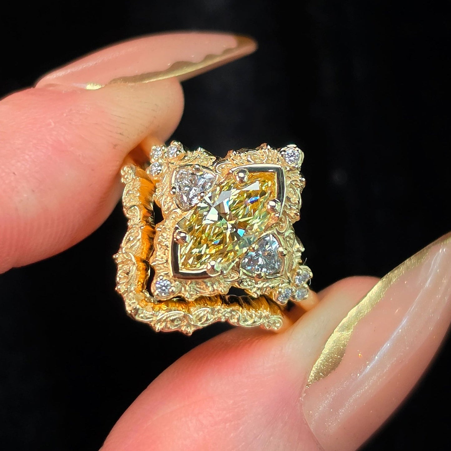fantasy unique engagement ring wedding band yellow diamond marquise scroll filigree baroque 14k gold 