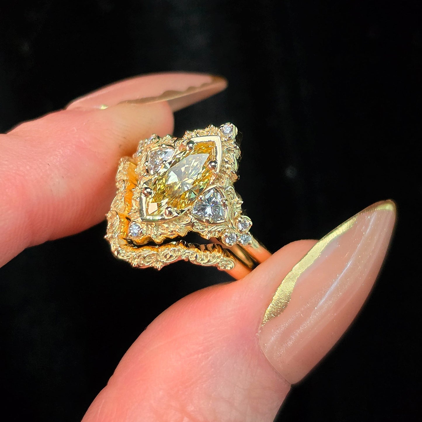 fantasy unique engagement ring wedding band yellow diamond marquise scroll filigree baroque 14k gold 