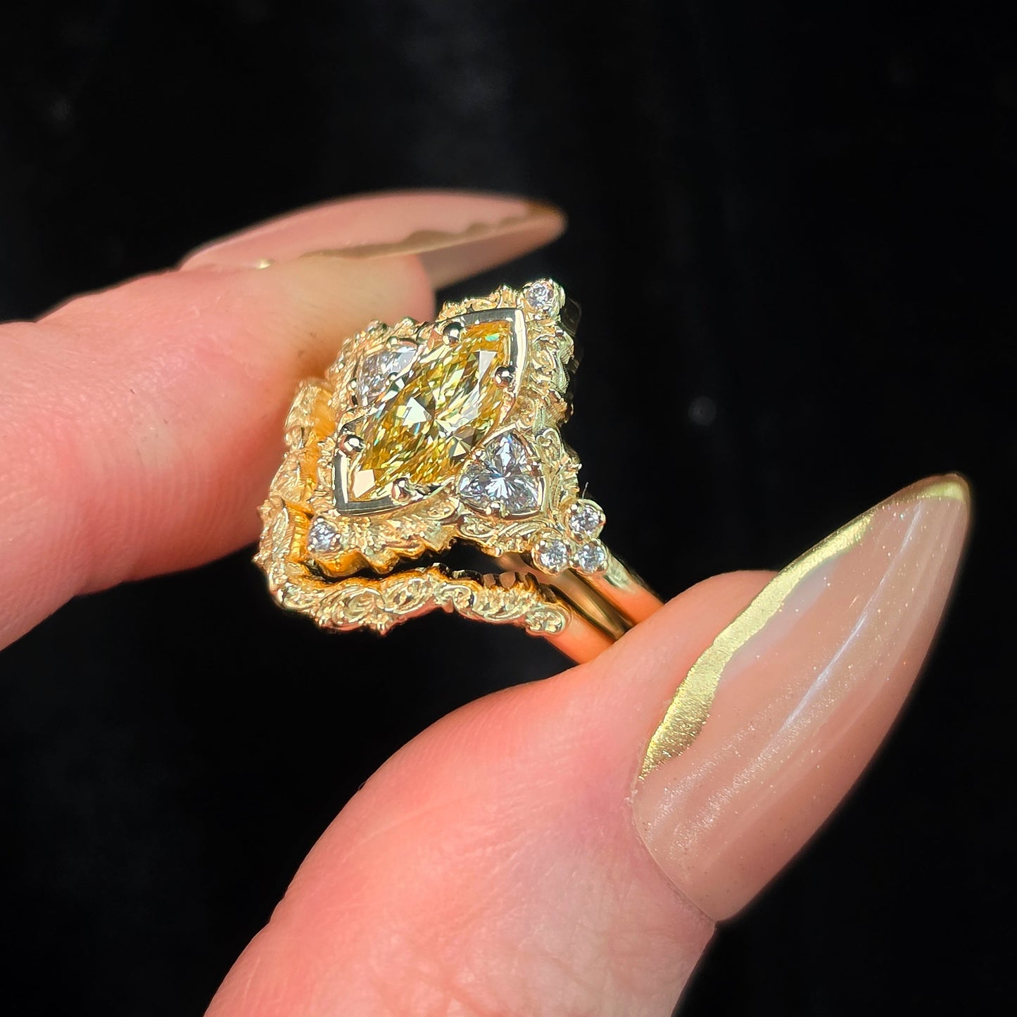 fantasy unique engagement ring wedding band yellow diamond marquise scroll filigree baroque 14k gold 