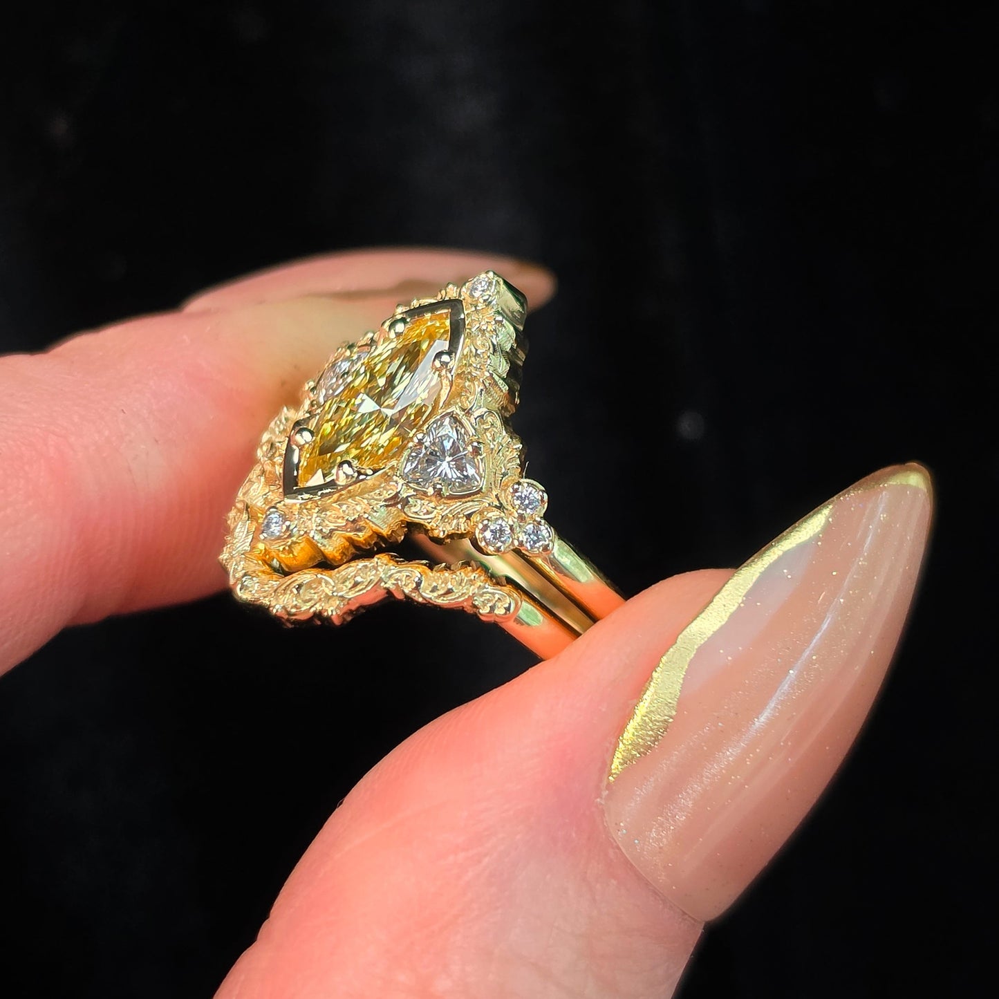fantasy unique engagement ring wedding band yellow diamond marquise scroll filigree baroque 14k gold 