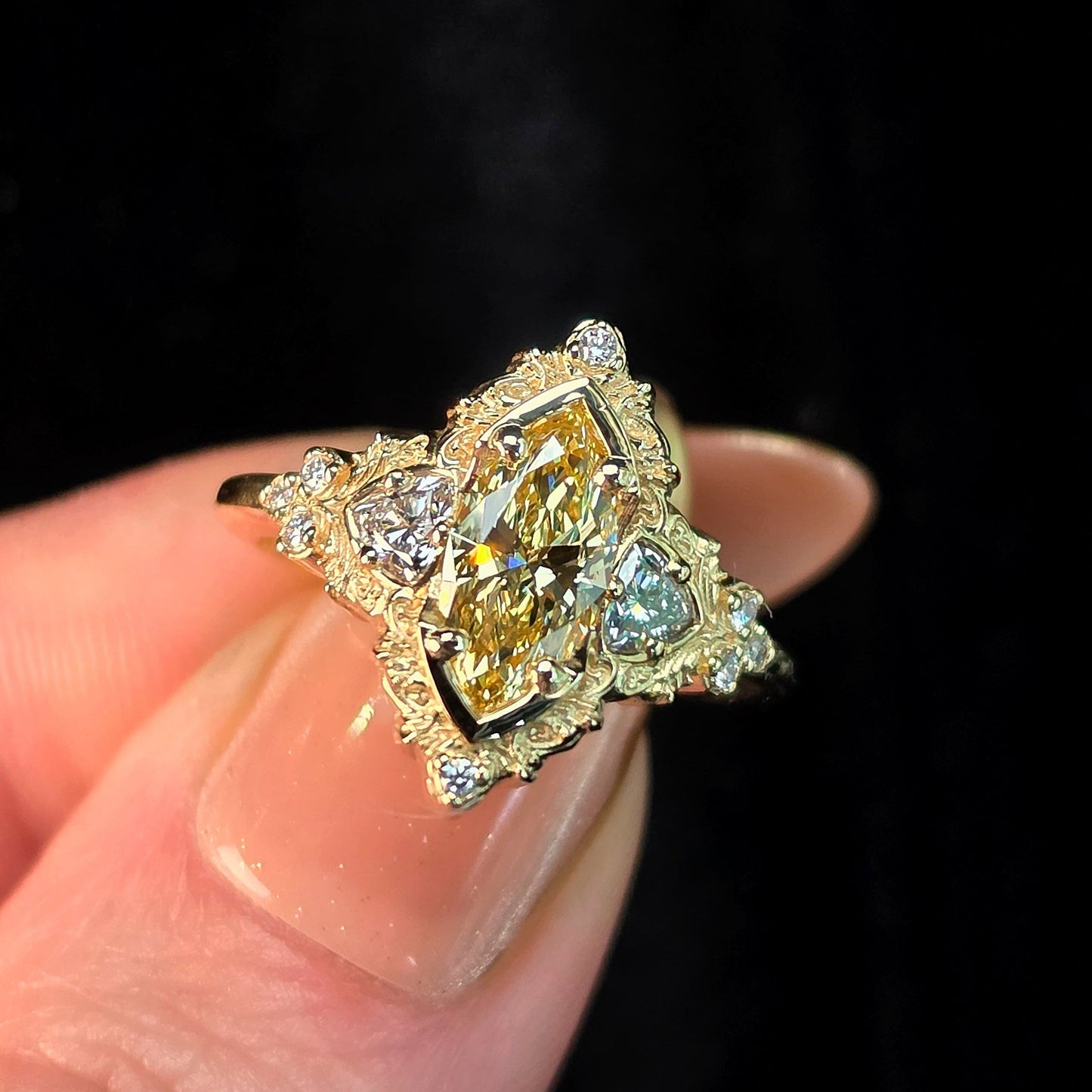 fantasy unique engagement ring wedding band yellow diamond marquise scroll filigree baroque 14k gold 