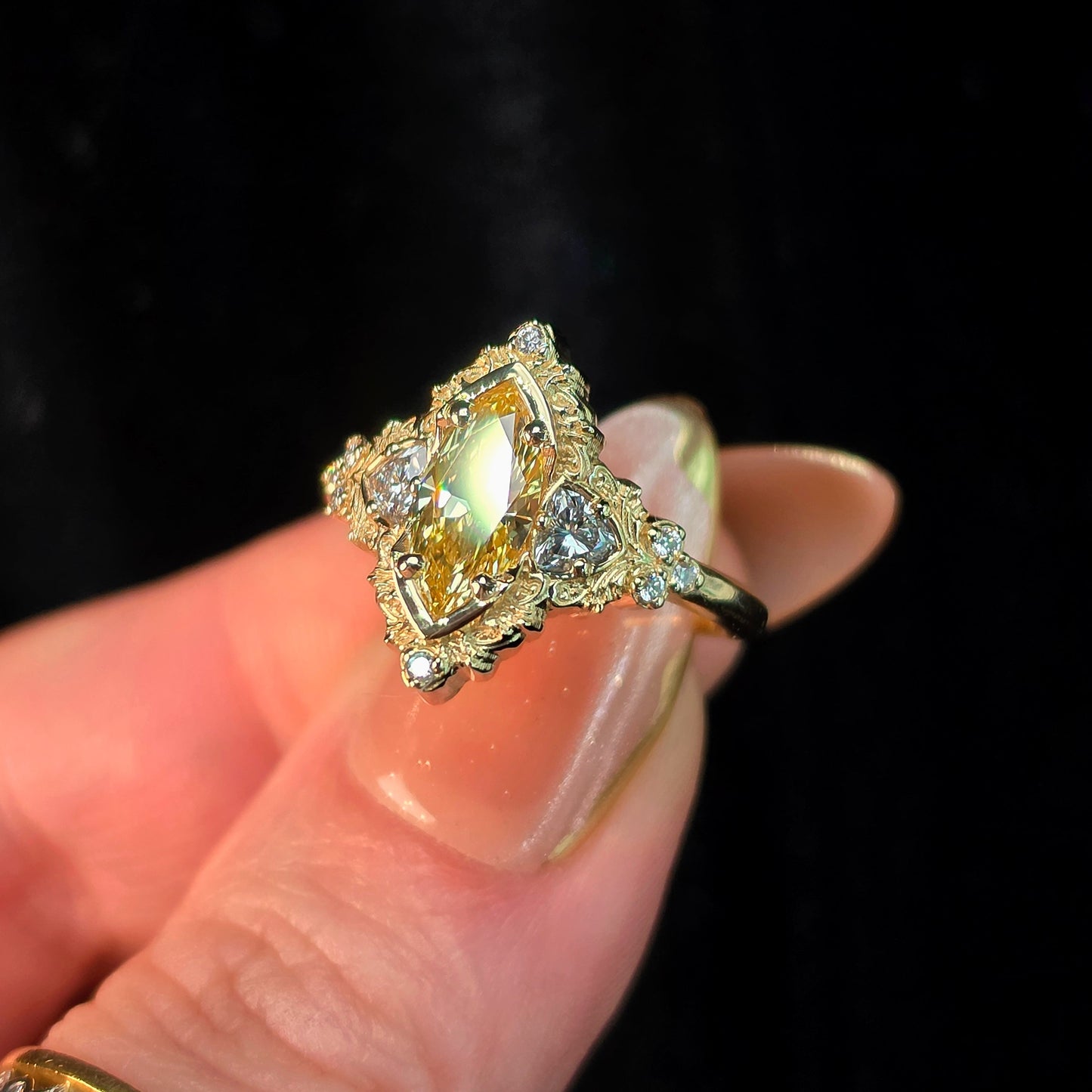 fantasy unique engagement ring wedding band yellow diamond marquise scroll filigree baroque 14k gold 