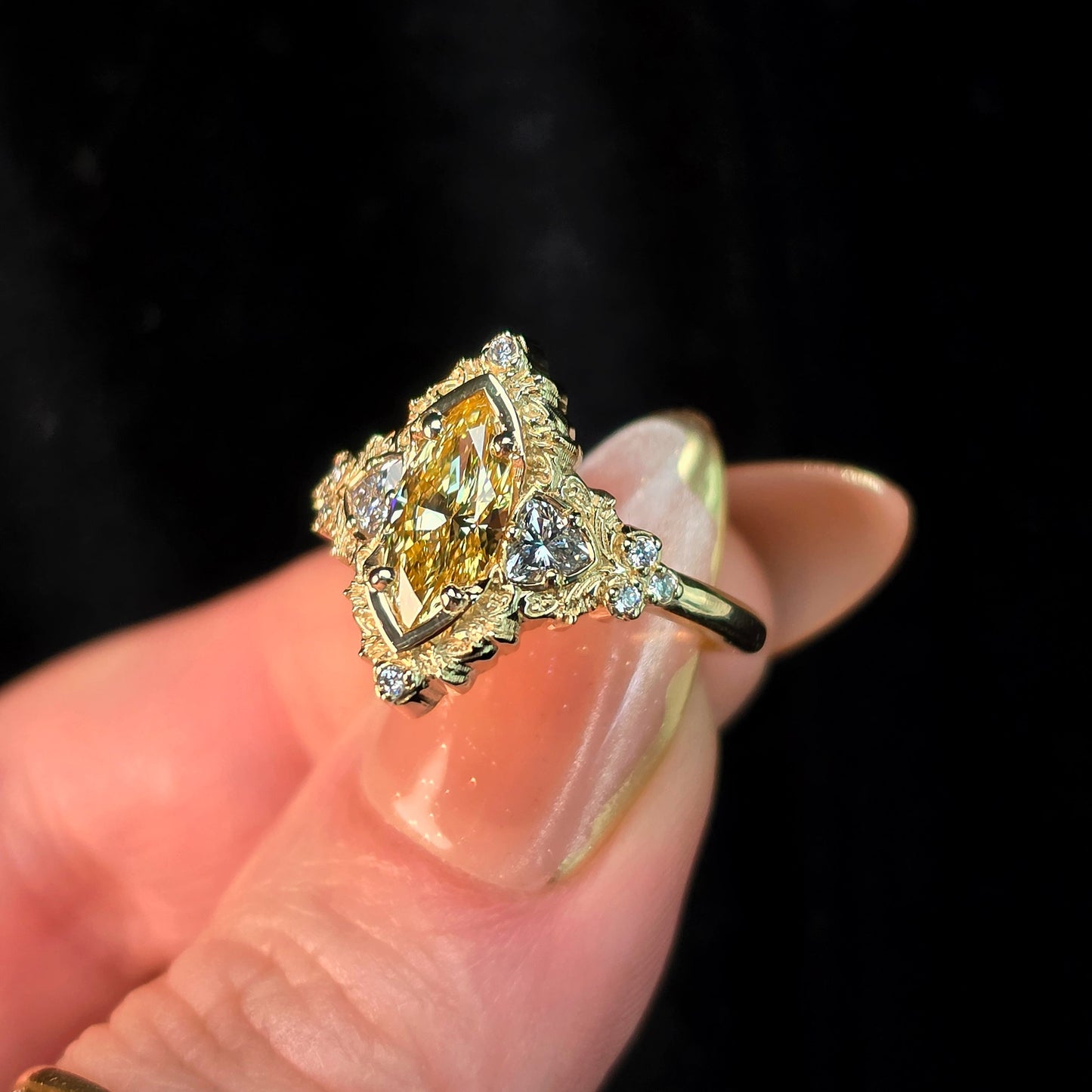 fantasy unique engagement ring wedding band yellow diamond marquise scroll filigree baroque 14k gold 