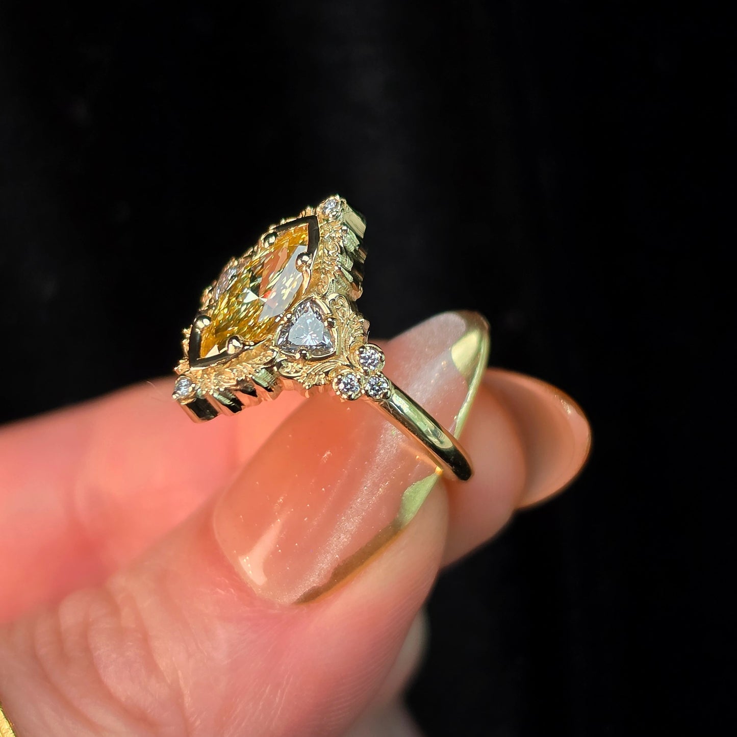 fantasy unique engagement ring wedding band yellow diamond marquise scroll filigree baroque 14k gold 