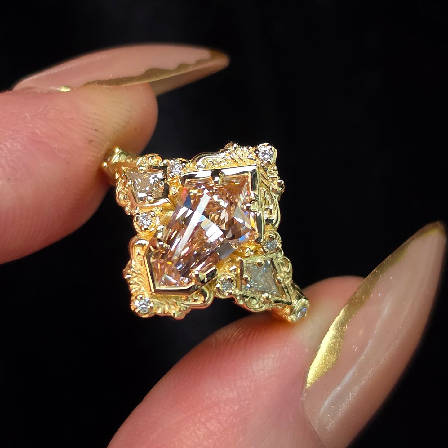 art deco shield pink lab diamond filigree detailed ring kite diamond handcrafted 14k yellow gold unique engagement 