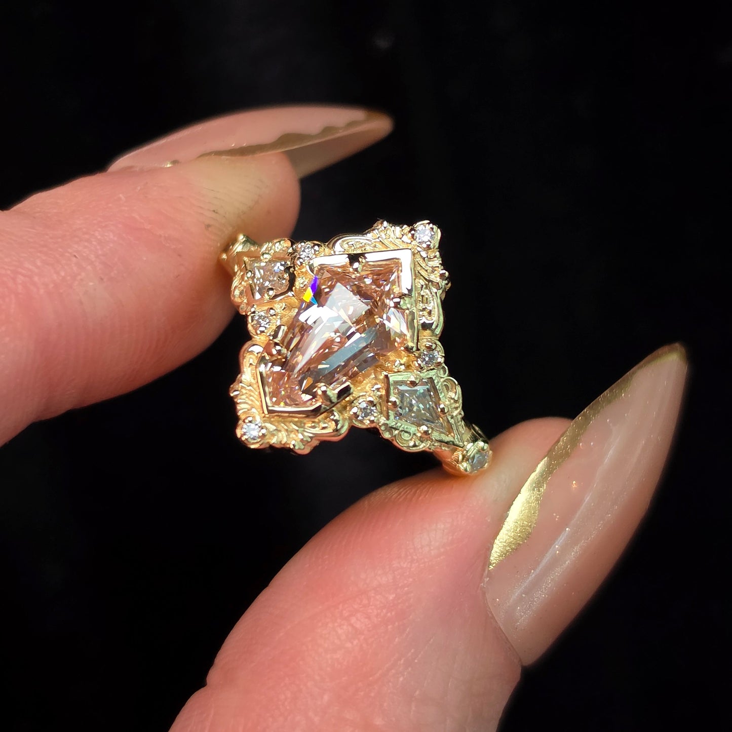 art deco shield pink lab diamond filigree detailed ring kite diamond handcrafted 14k yellow gold unique engagement 