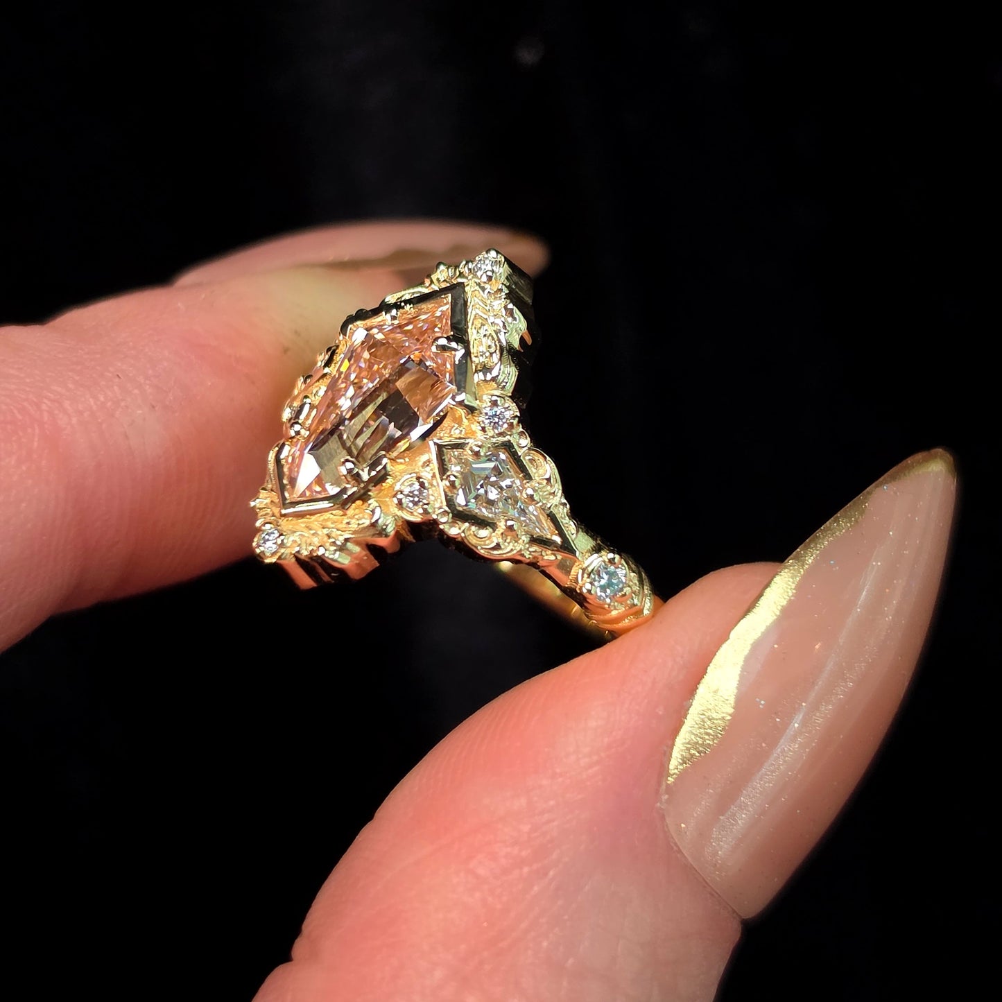art deco shield pink lab diamond filigree detailed ring kite diamond handcrafted 14k yellow gold unique engagement 