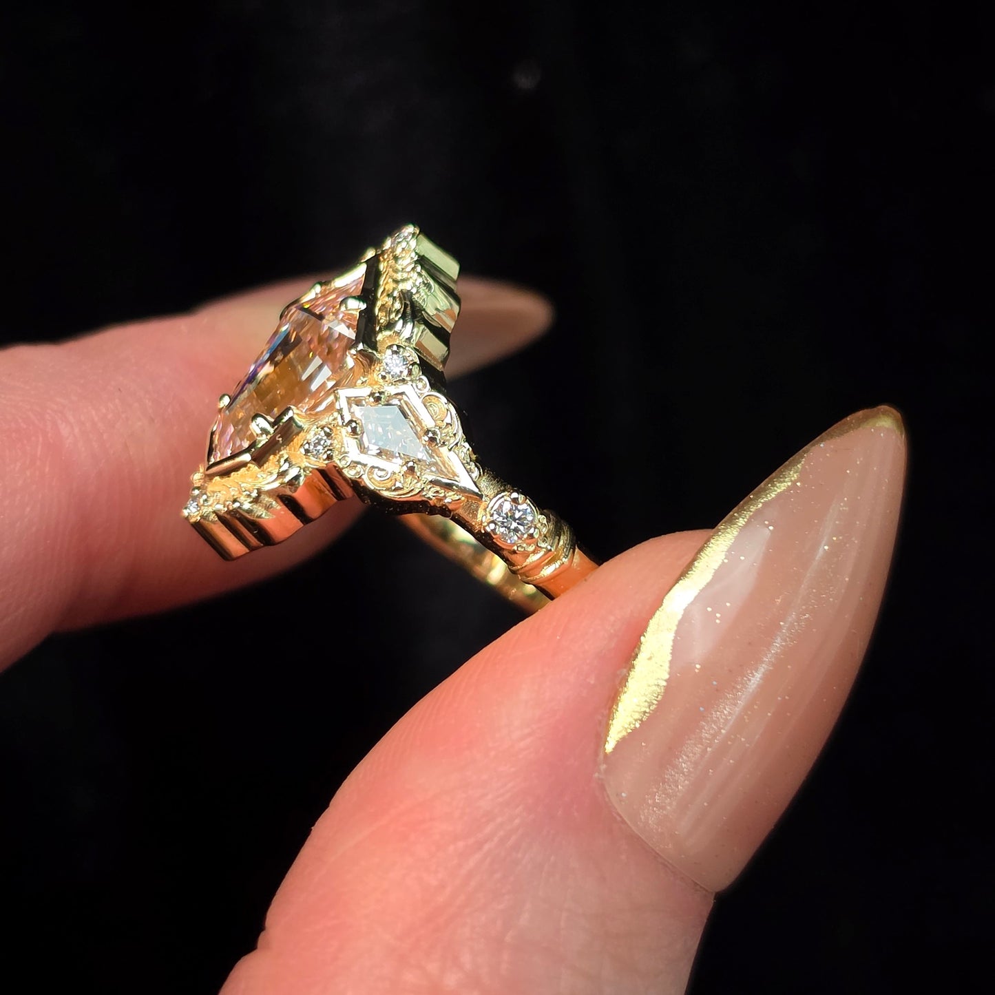 art deco shield pink lab diamond filigree detailed ring kite diamond handcrafted 14k yellow gold unique engagement 