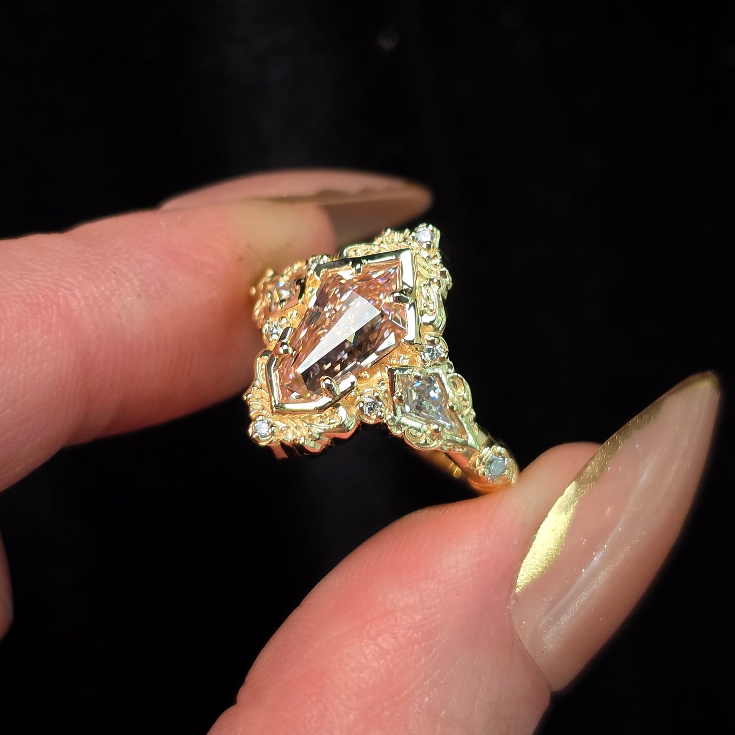 art deco shield pink lab diamond filigree detailed ring kite diamond handcrafted 14k yellow gold unique engagement 