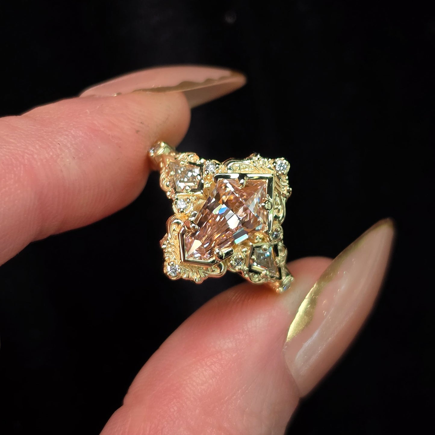 art deco shield pink lab diamond filigree detailed ring kite diamond handcrafted 14k yellow gold unique engagement 