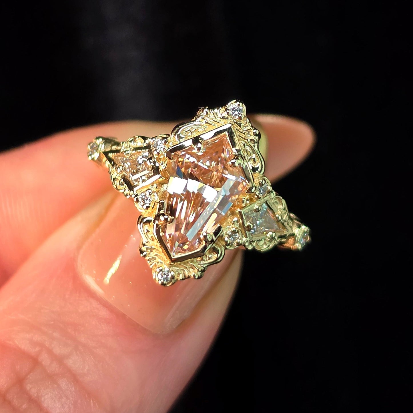 art deco shield pink lab diamond filigree detailed ring kite diamond handcrafted 14k yellow gold unique engagement 
