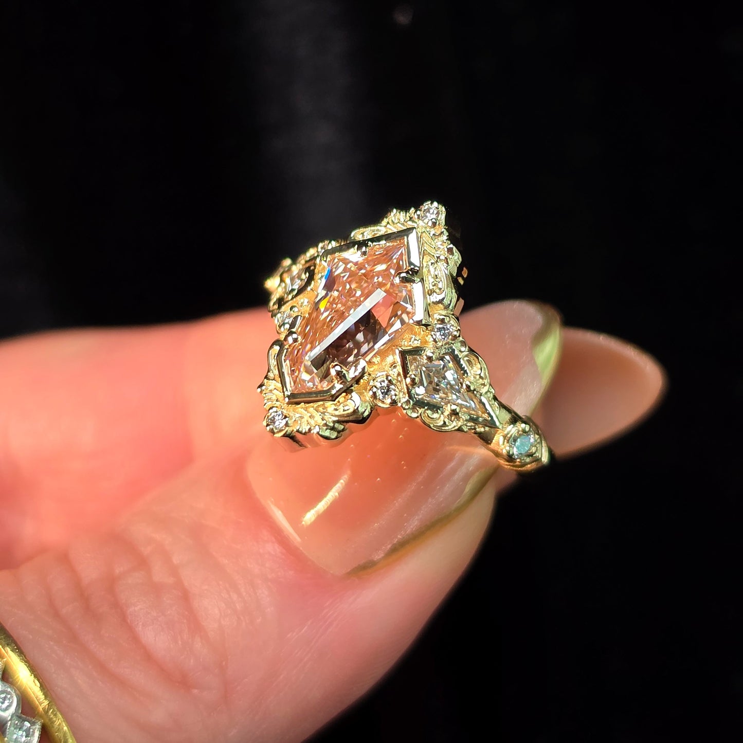 art deco shield pink lab diamond filigree detailed ring kite diamond handcrafted 14k yellow gold unique engagement 