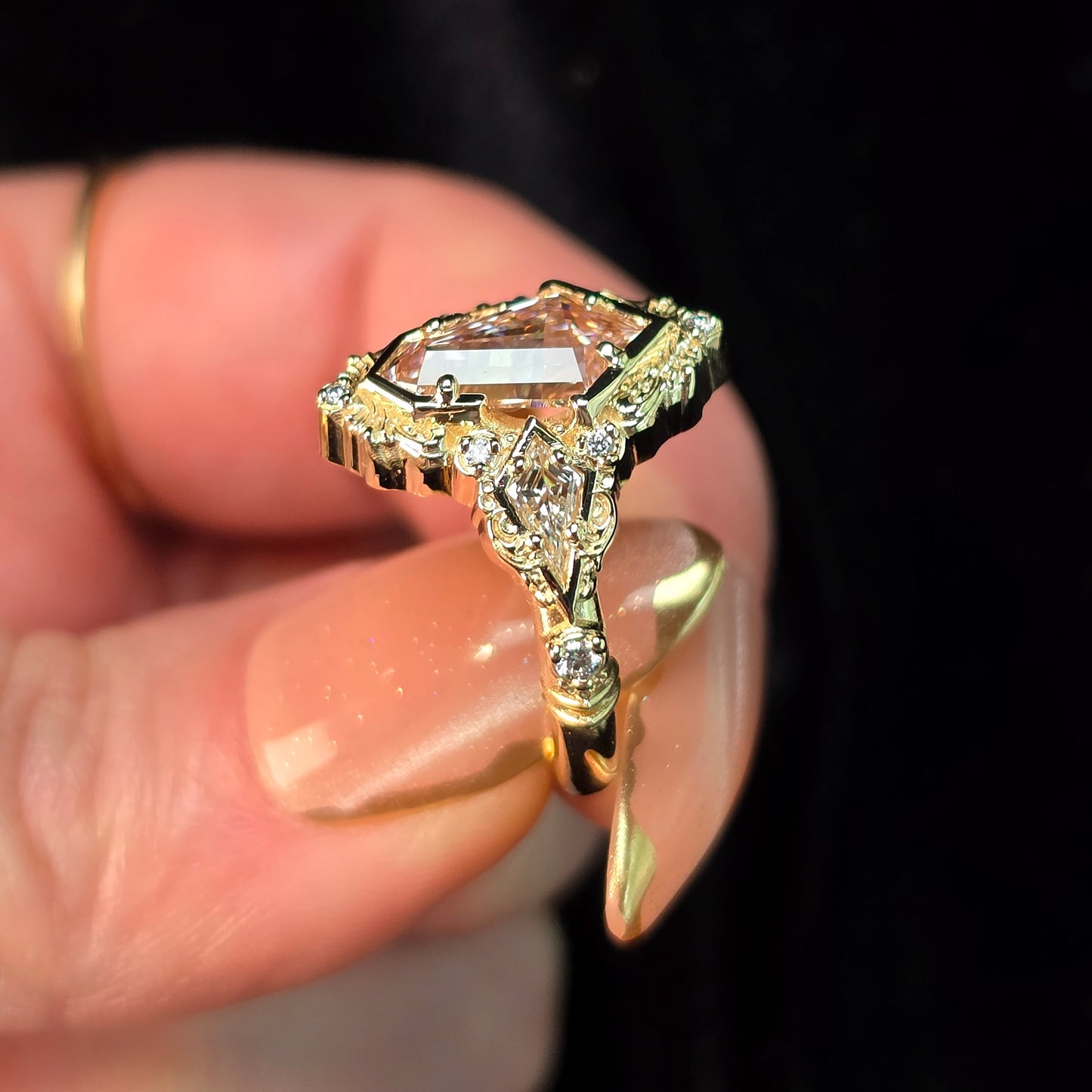 art deco shield pink lab diamond filigree detailed ring kite diamond handcrafted 14k yellow gold unique engagement 