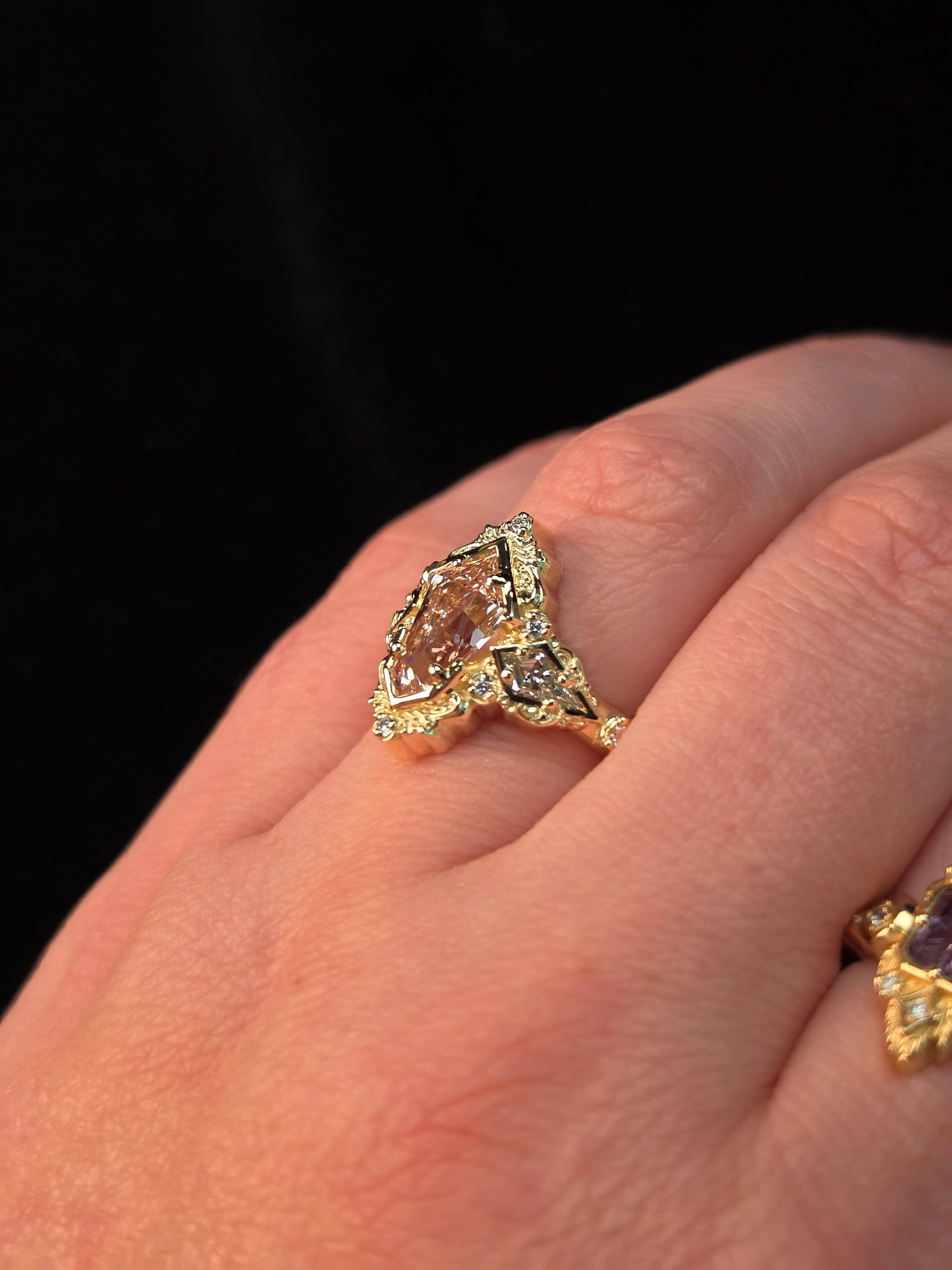 Ready to Ship Size 6-8 - Pink Shield Diamond Odessa Art Deco Engagement Ring 14k Yellow Gold