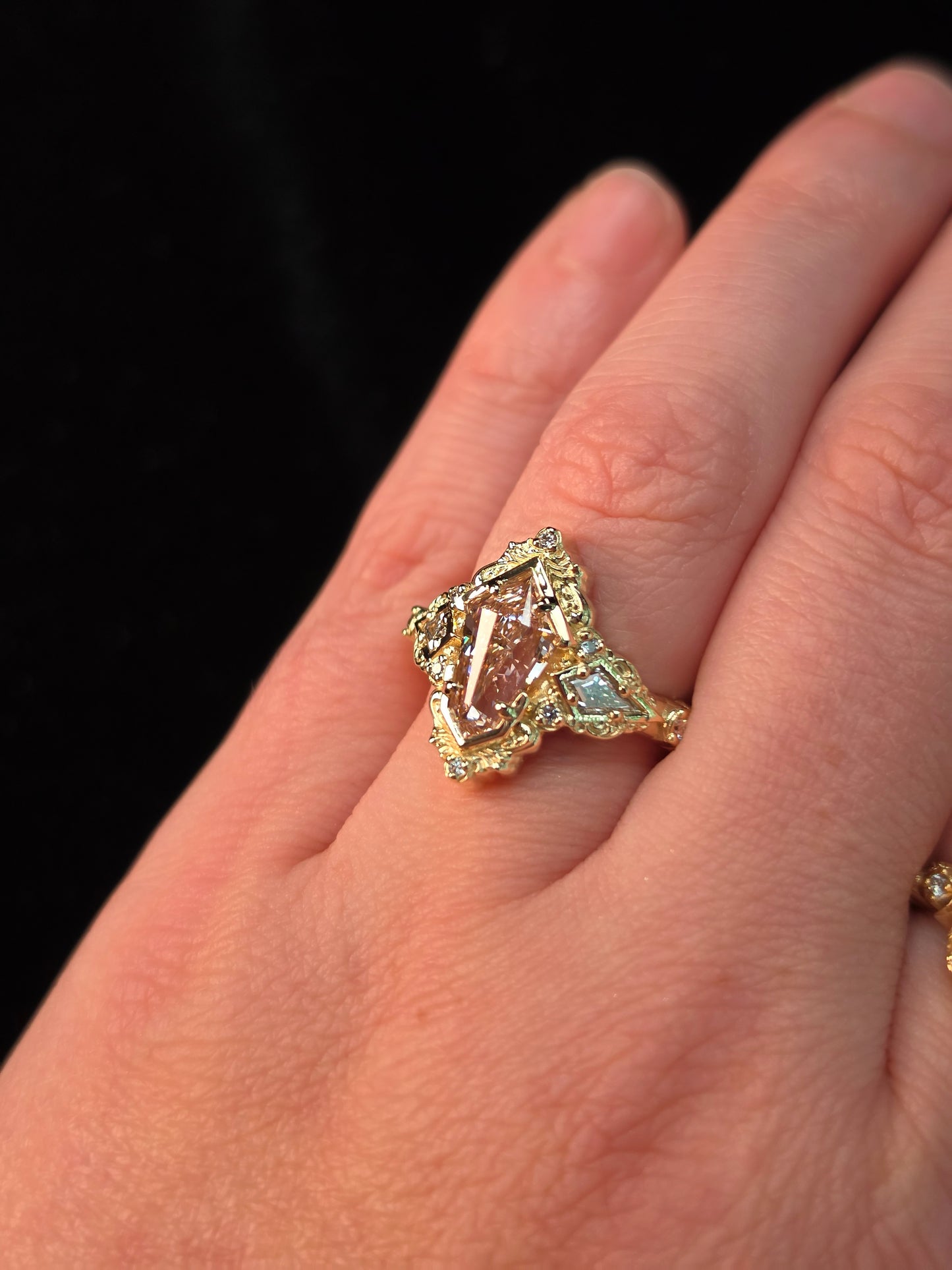 Ready to Ship Size 6-8 - Pink Shield Diamond Odessa Art Deco Engagement Ring 14k Yellow Gold