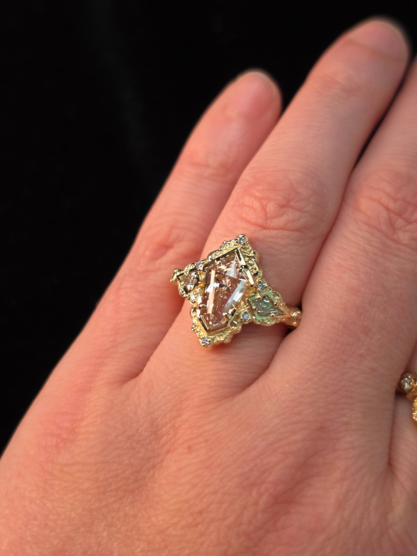Ready to Ship Size 6-8 - Pink Shield Diamond Odessa Art Deco Engagement Ring 14k Yellow Gold
