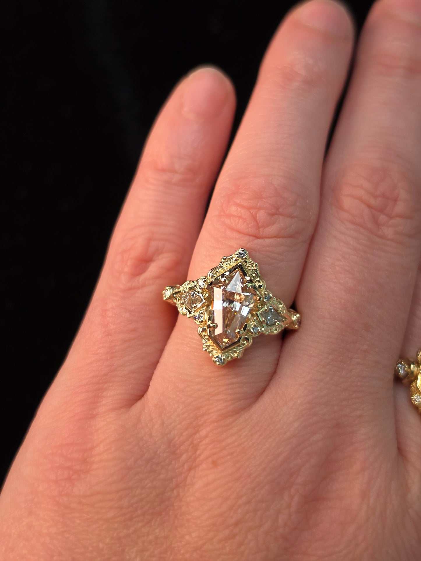 Ready to Ship Size 6-8 - Pink Shield Diamond Odessa Art Deco Engagement Ring 14k Yellow Gold