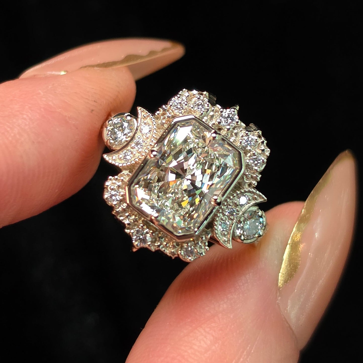 celestial moon ring crescent gothic radiant diamond engagement unique fine jewelry white gold goddess 