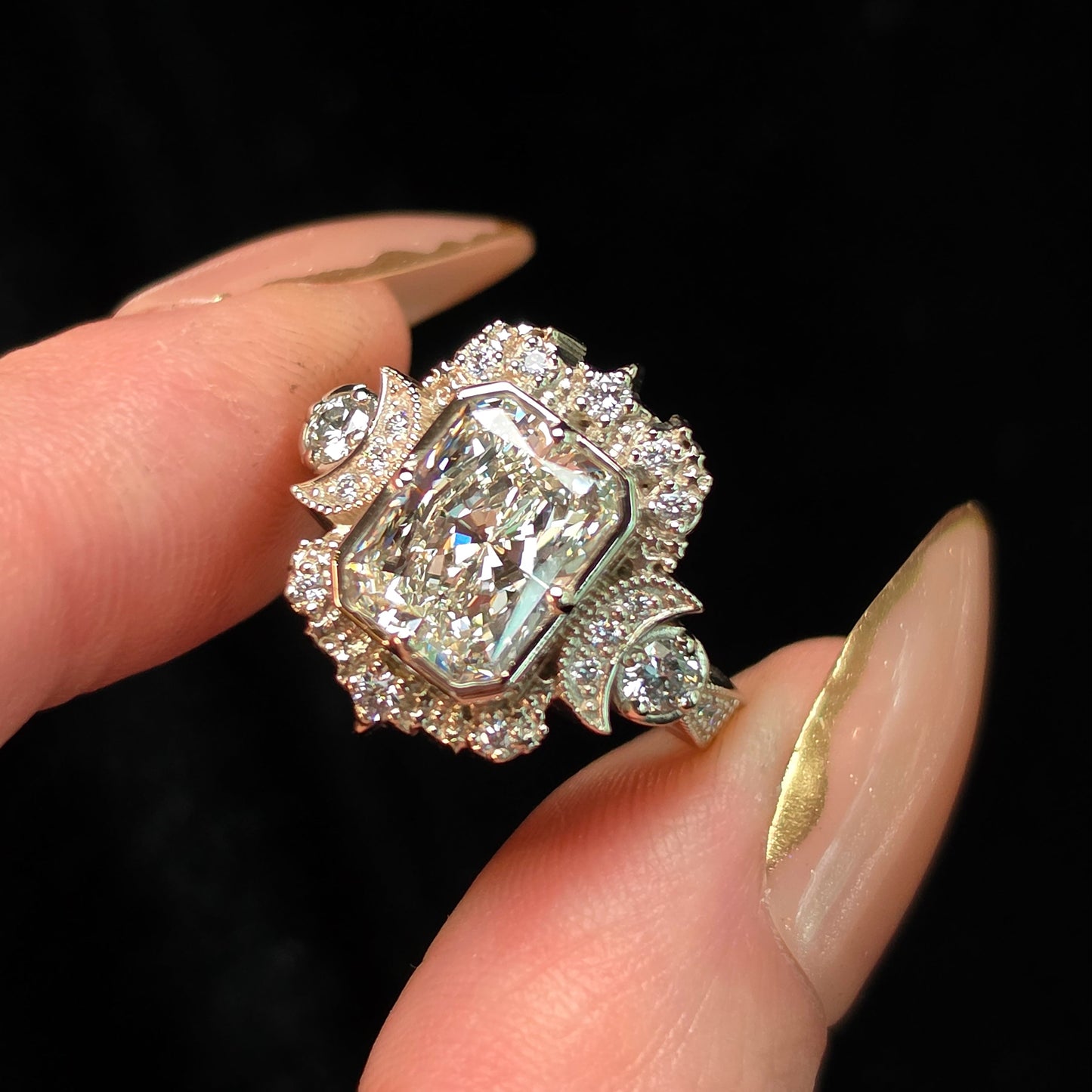 celestial moon ring crescent gothic radiant diamond engagement unique fine jewelry white gold goddess 