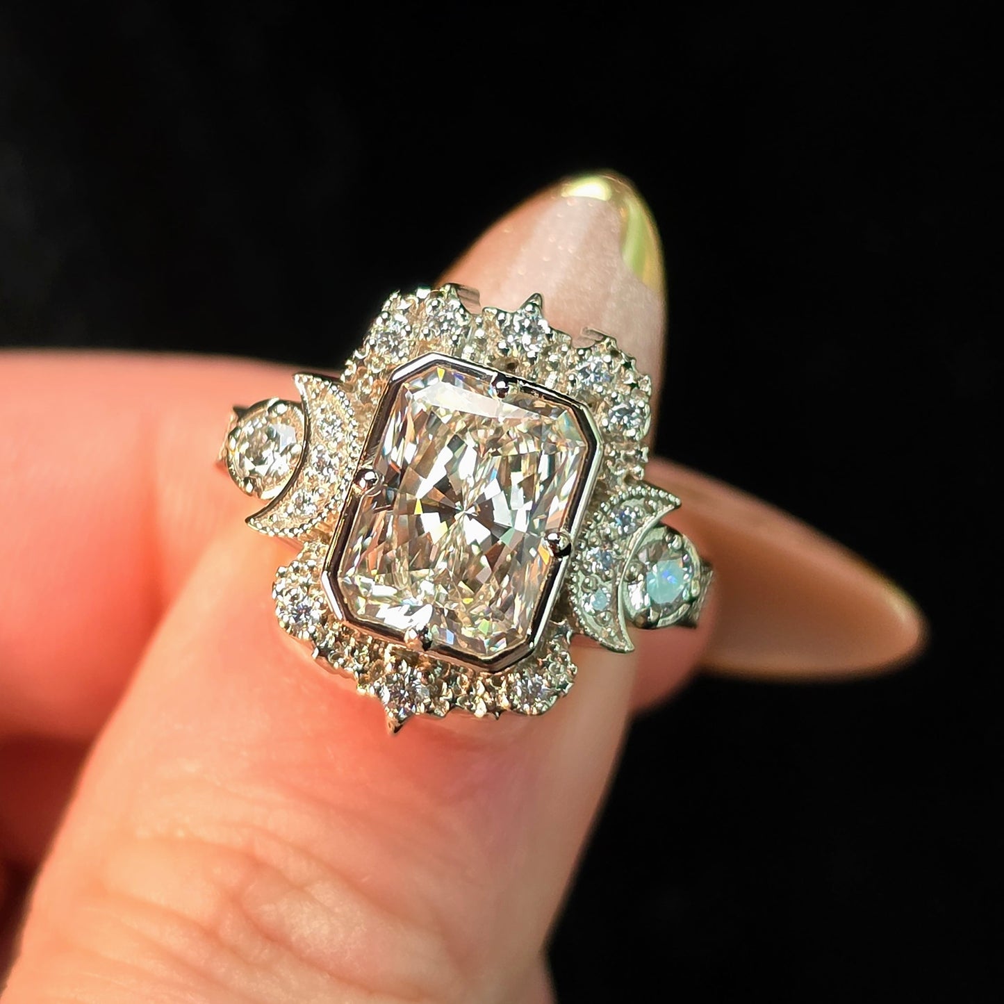 celestial moon ring crescent gothic radiant diamond engagement unique fine jewelry white gold goddess 