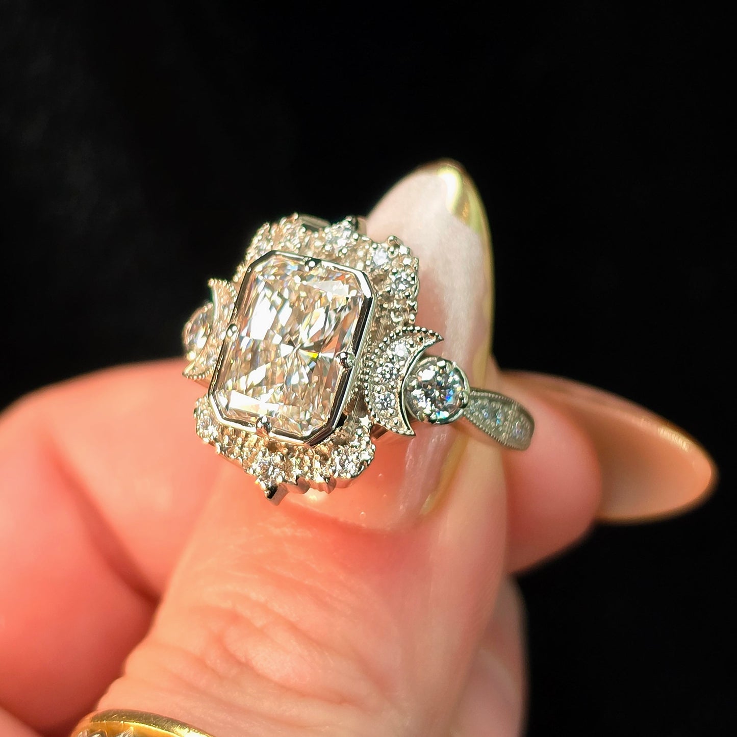 celestial moon ring crescent gothic radiant diamond engagement unique fine jewelry white gold goddess 