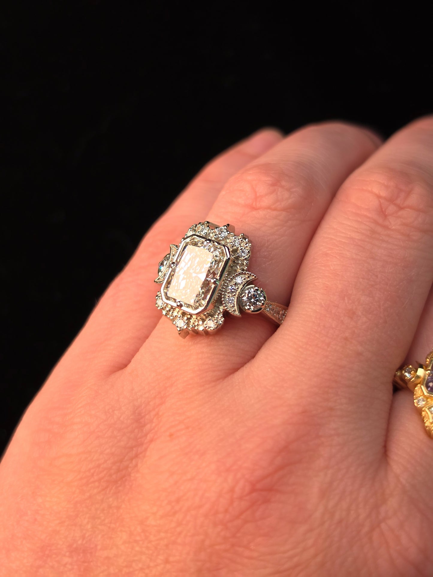 Ready to Ship Size 6 - 8 - 3.03ct Radiant Diamond Selene Moon Goddess Ring 14k Palladium White Gold